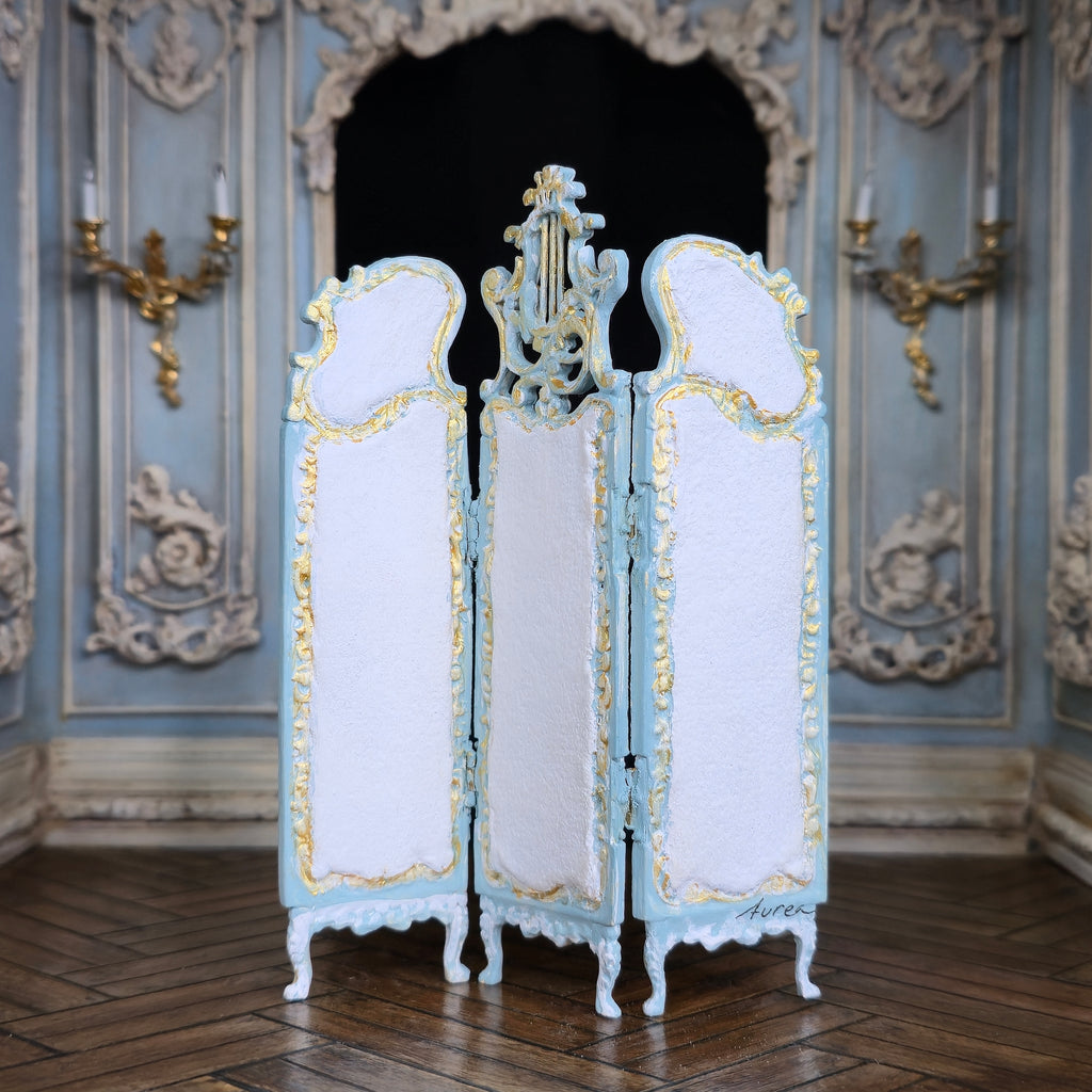 Aurearte Gilt Blue Hand Painted Victorian Winter Village Folding Screen Room Divider