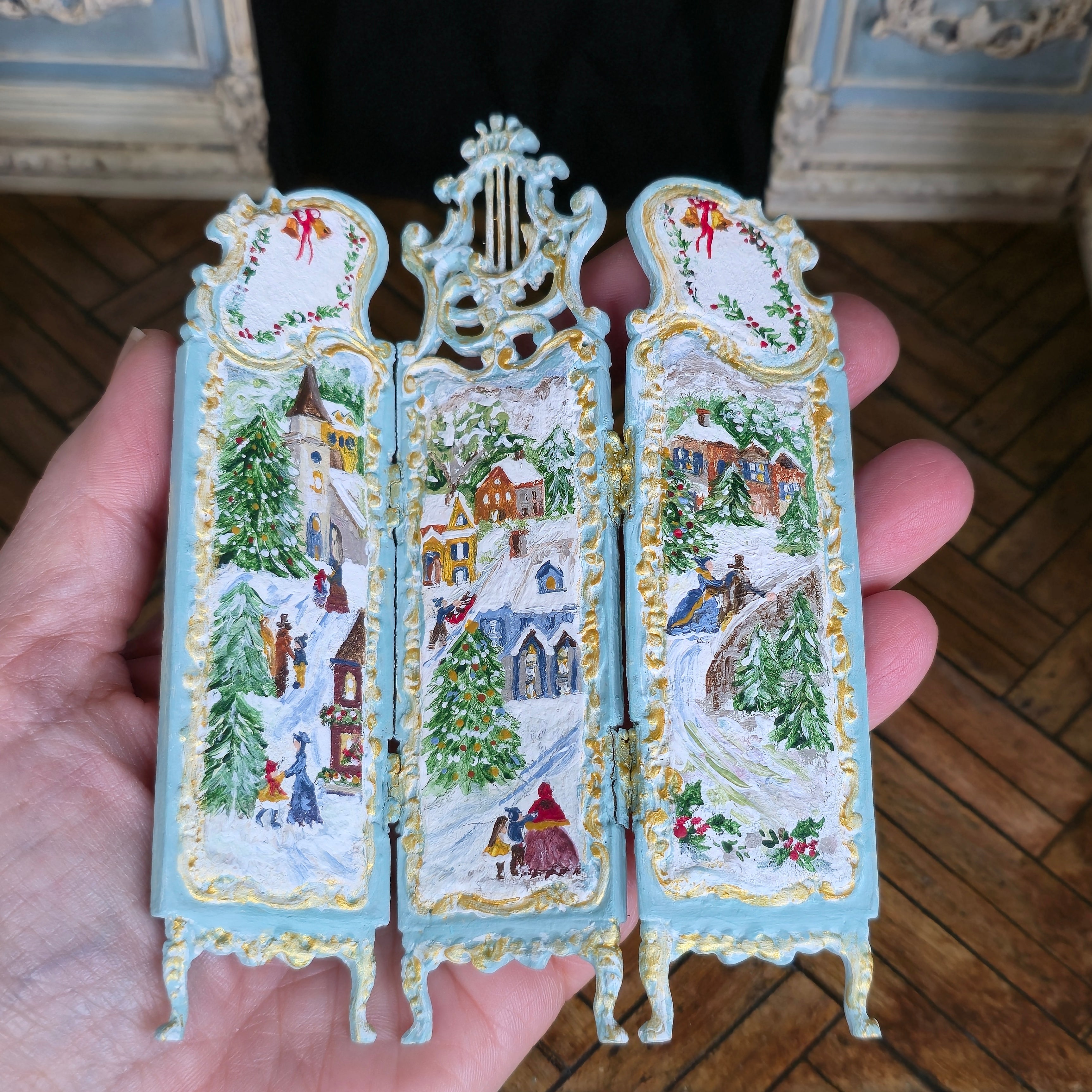 Aurearte Gilt Blue Hand Painted Victorian Winter Village Folding Screen Room Divider
