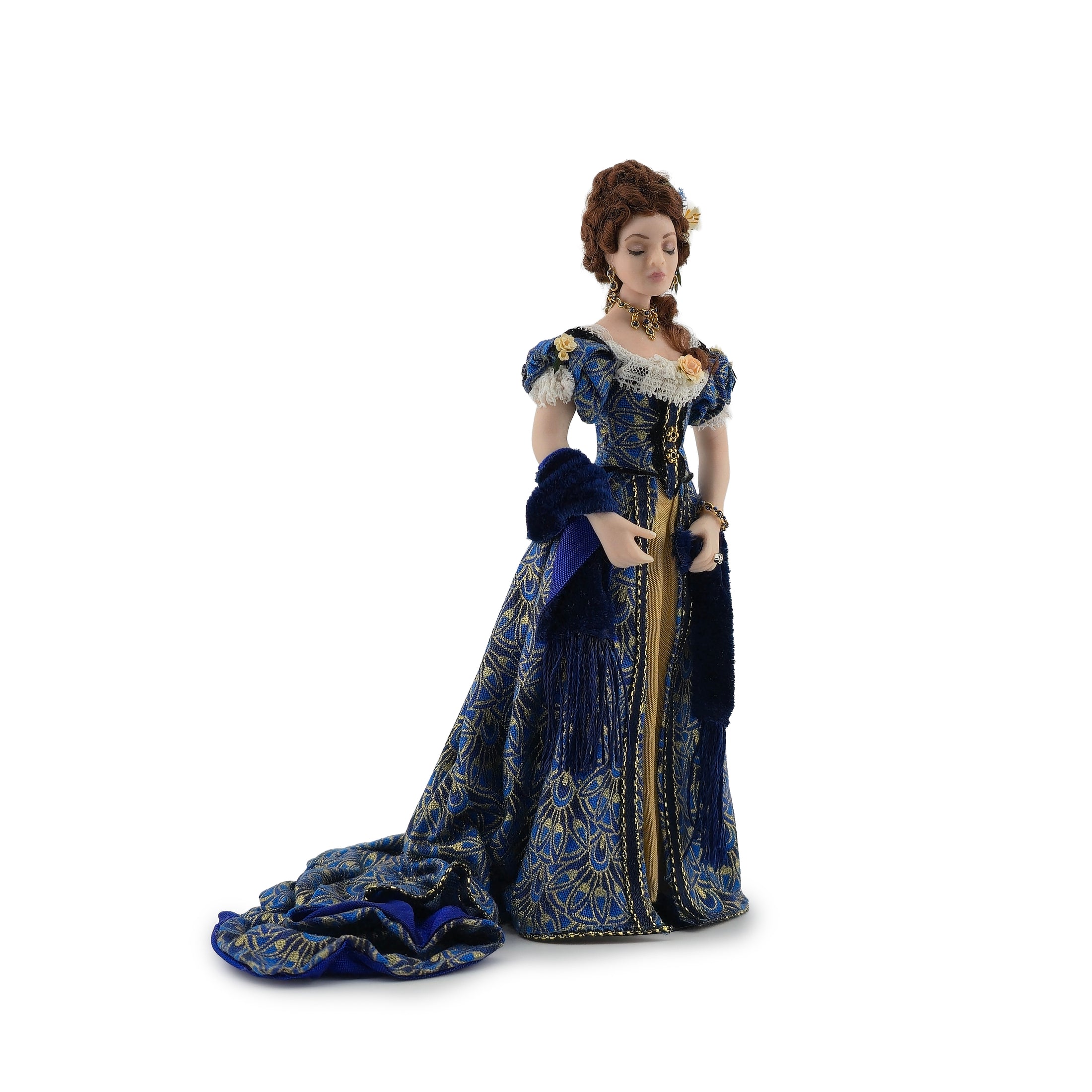 Dana Burton Victorian Lady Porcelain Dollhouse Doll Blue & Gold Peacock Gown