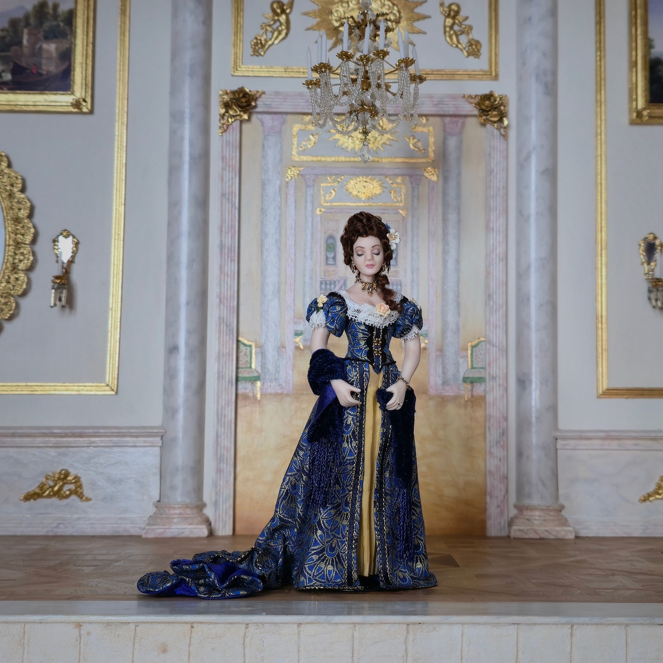 Dana Burton Victorian Lady Porcelain Dollhouse Doll Blue & Gold Peacock Gown