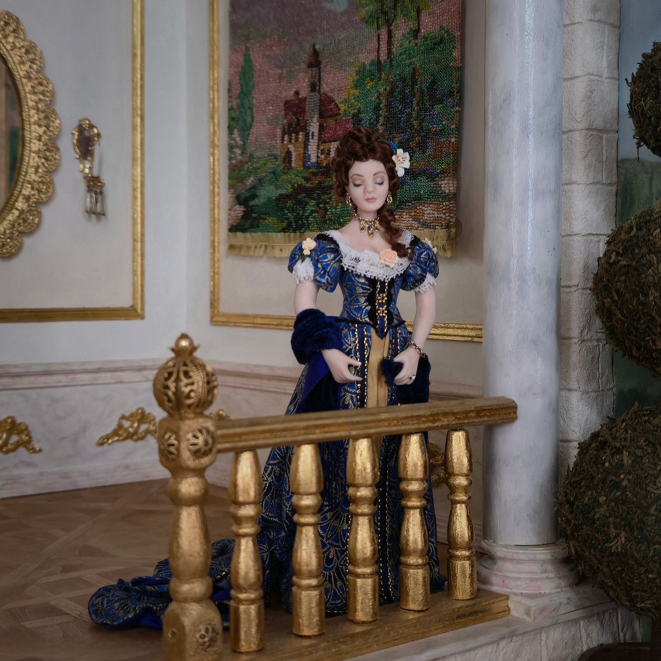 Dana Burton Victorian Lady Porcelain Dollhouse Doll Blue & Gold Peacock Gown
