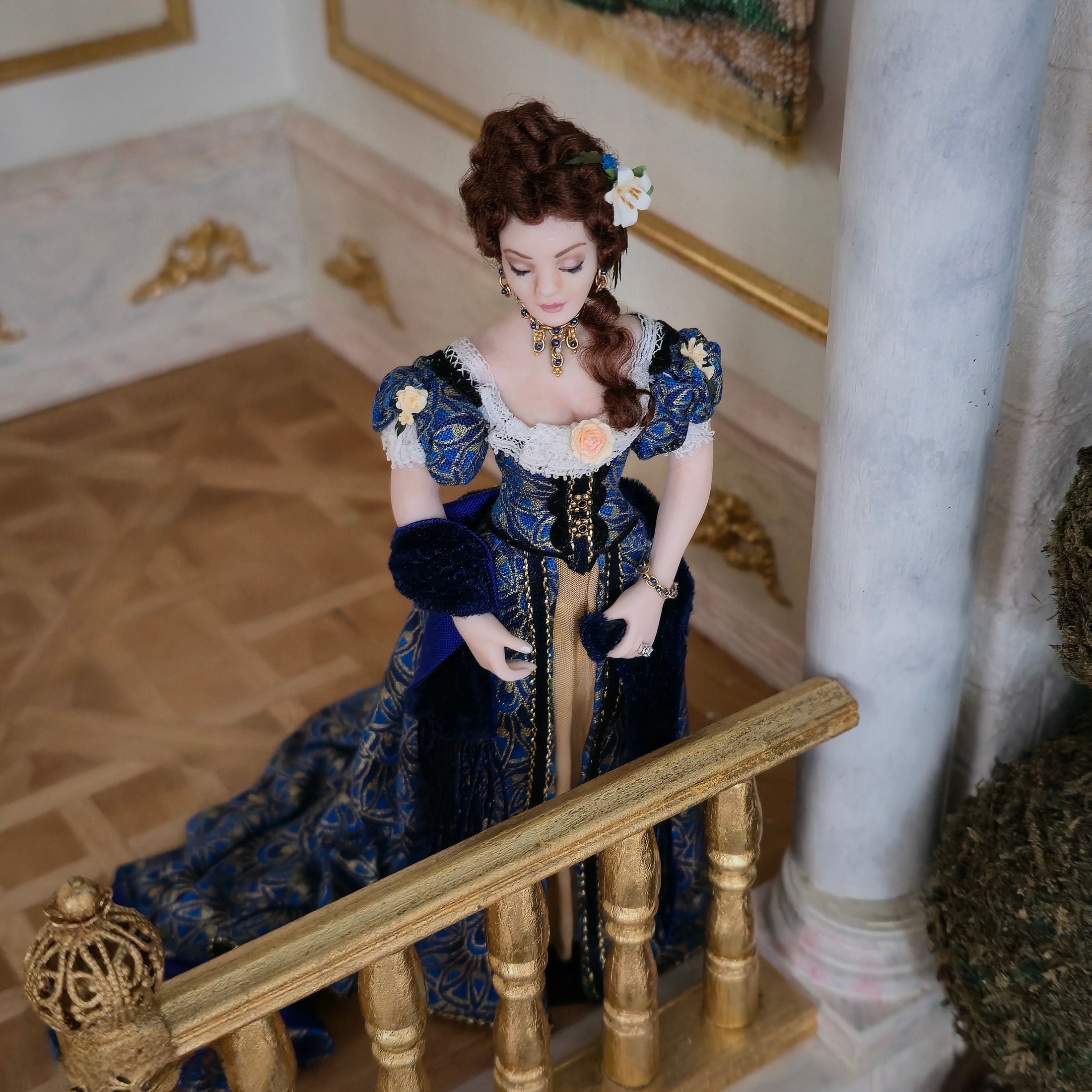 Dana Burton Victorian Lady Porcelain Dollhouse Doll Blue & Gold Peacock Gown