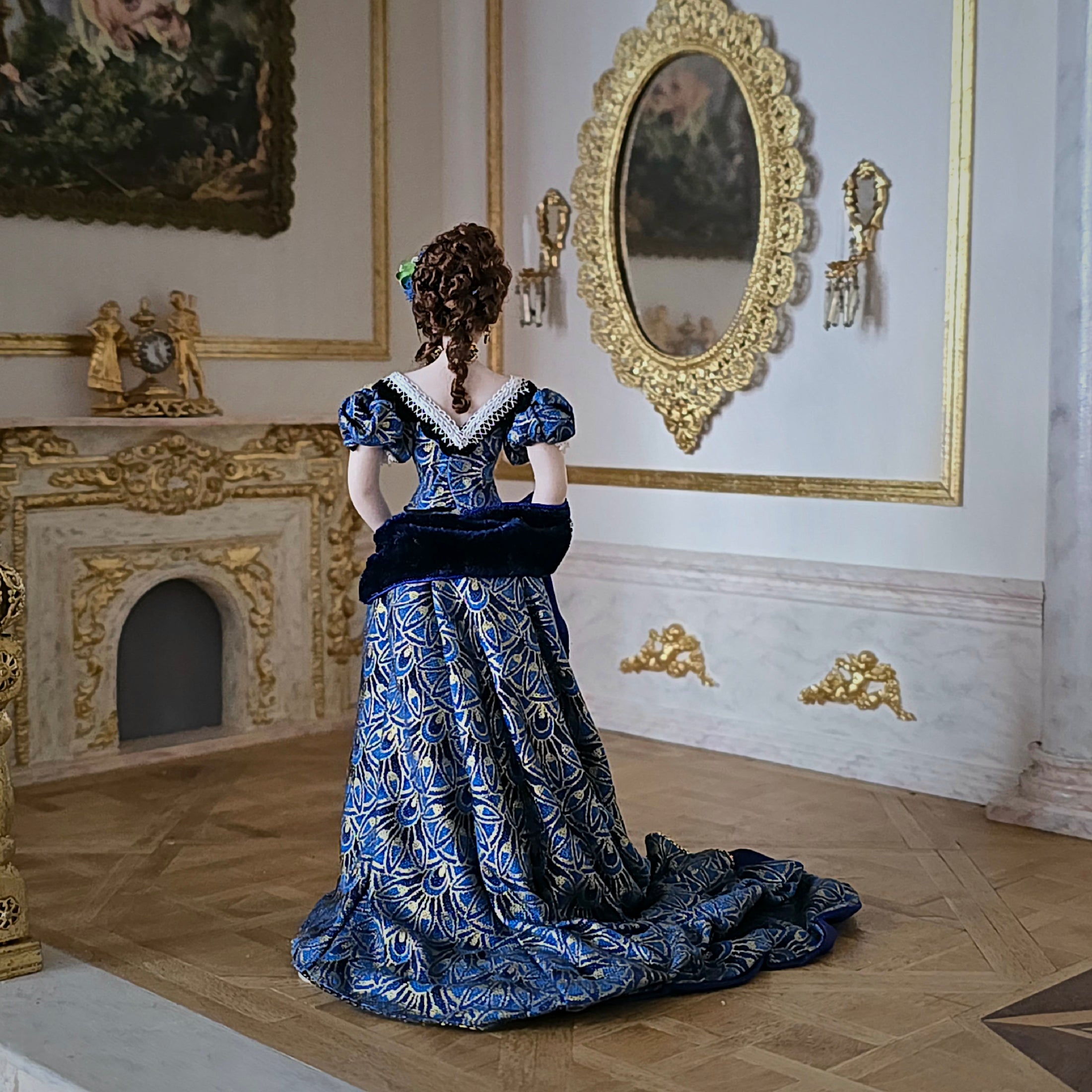 Dana Burton Victorian Lady Porcelain Dollhouse Doll Blue & Gold Peacock Gown