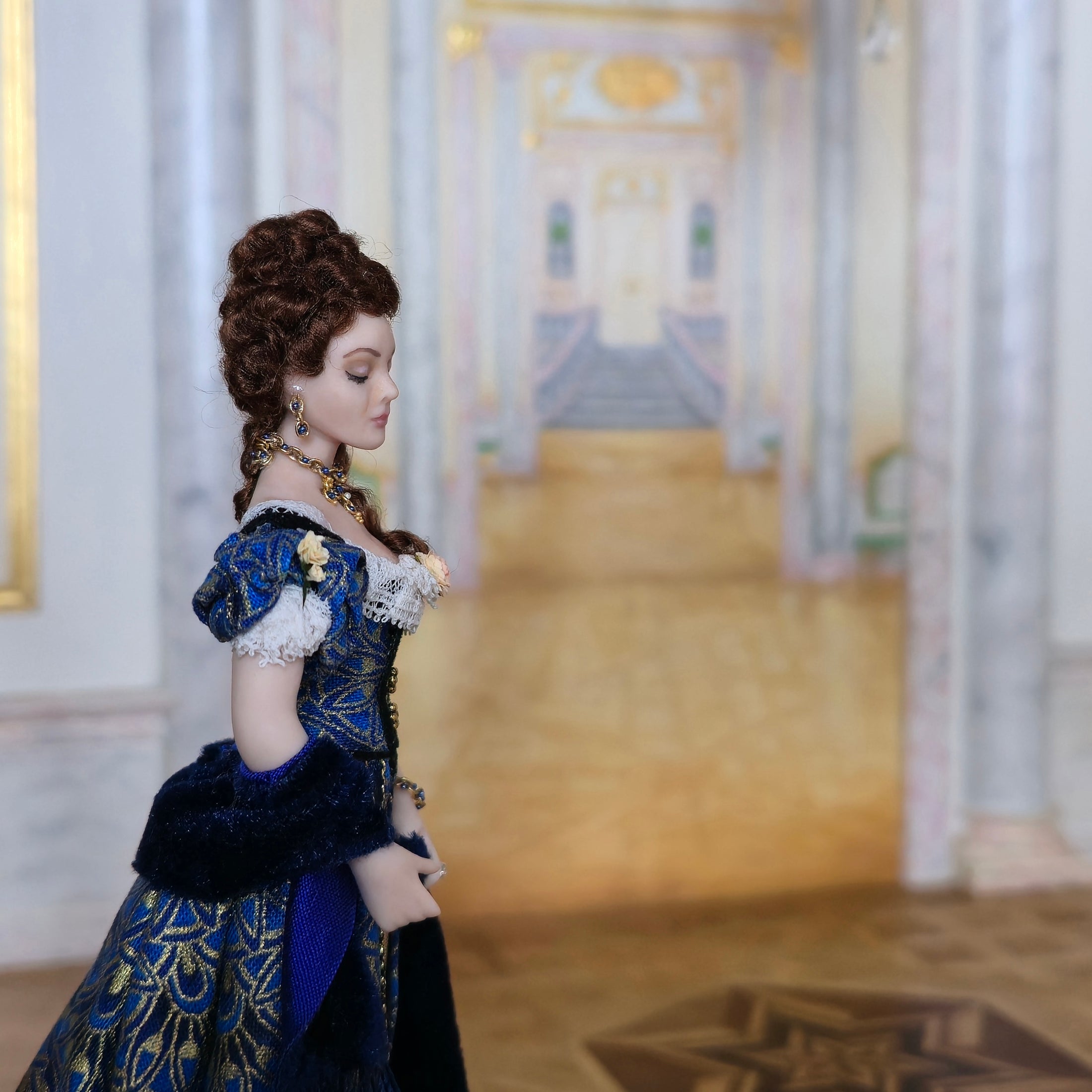 Dana Burton Victorian Lady Porcelain Dollhouse Doll Blue & Gold Peacock Gown