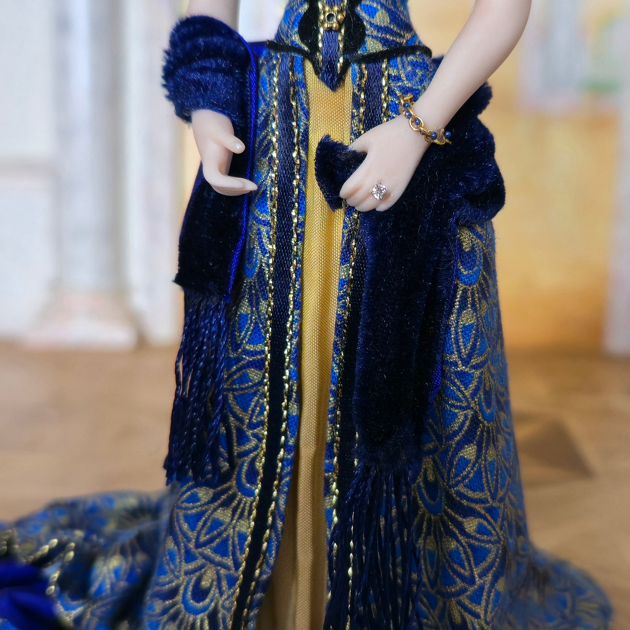 Dana Burton Victorian Lady Porcelain Dollhouse Doll Blue & Gold Peacock Gown