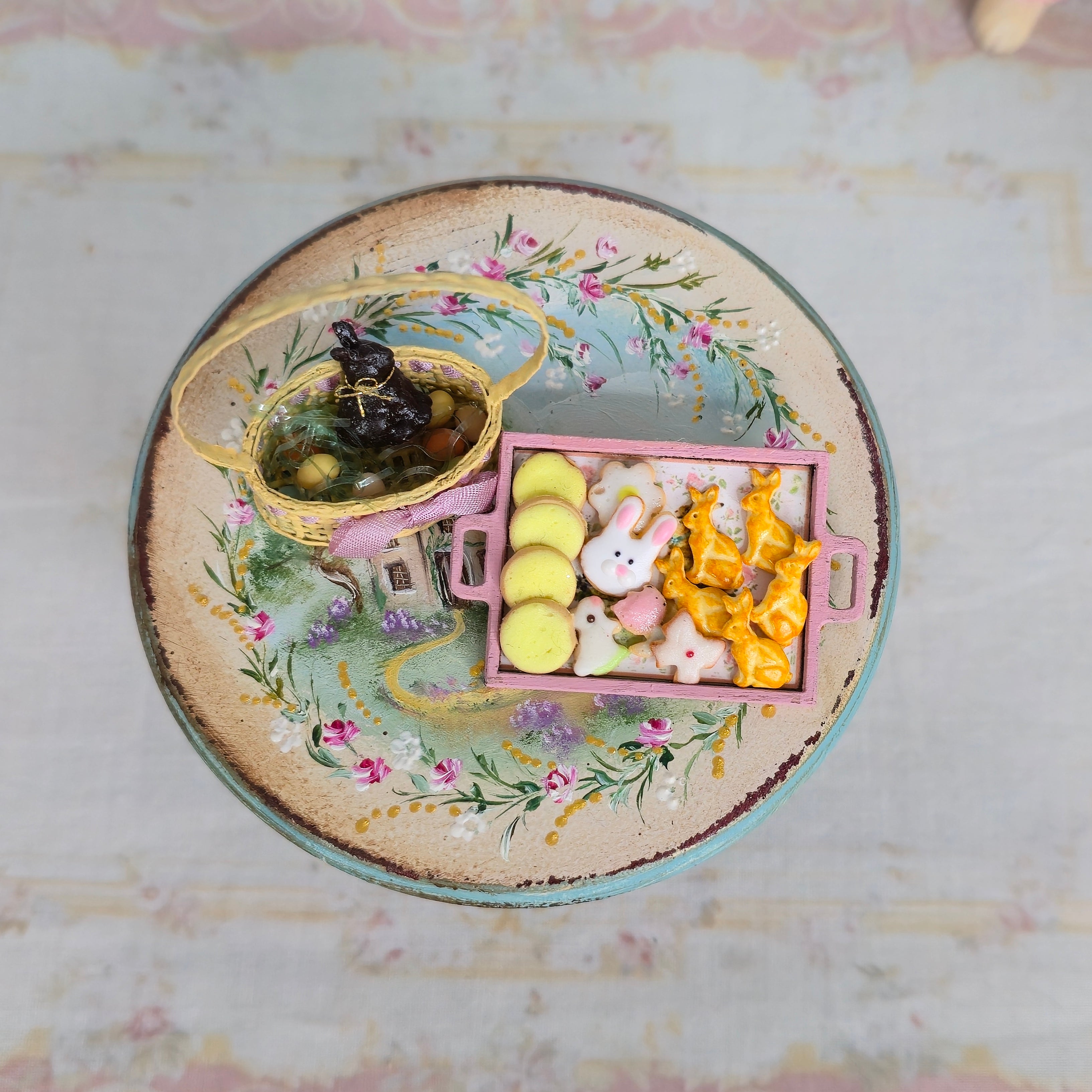 Filled Easter Basket & Cookie Tray Dollhouse Miniature Set