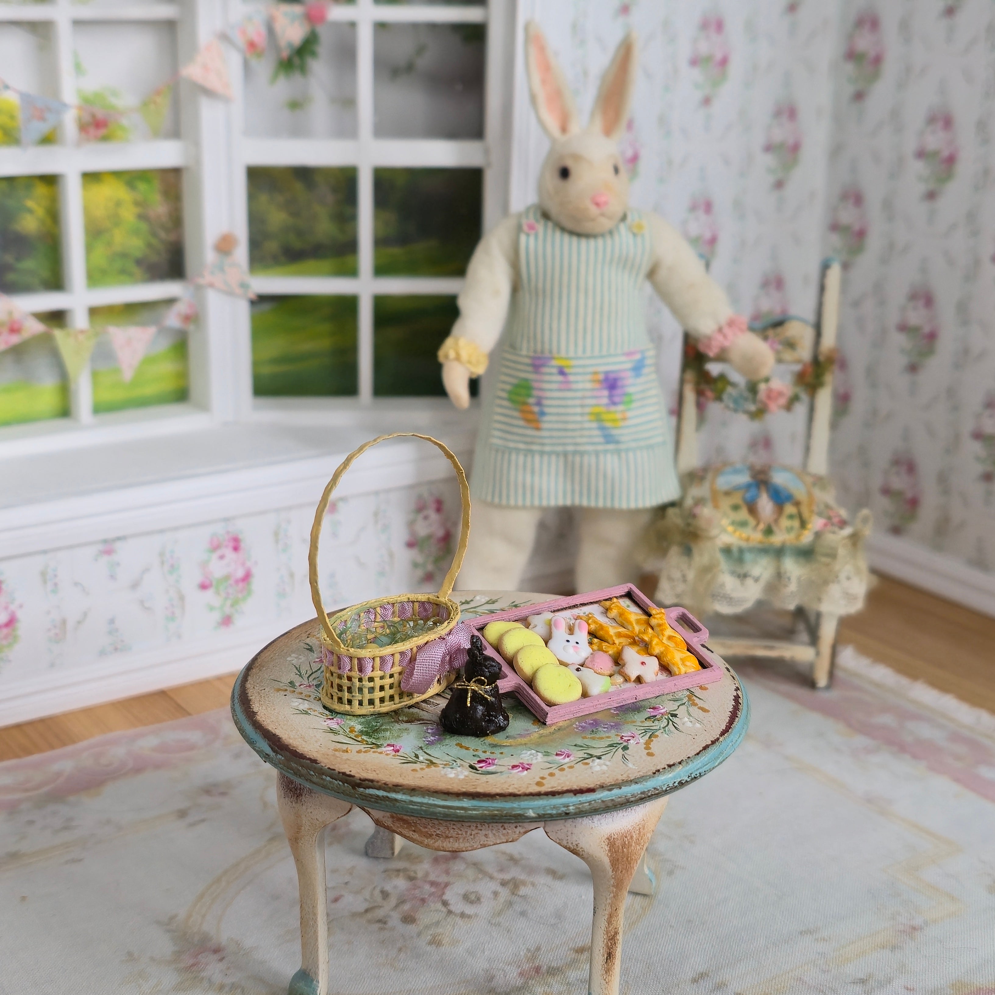 Filled Easter Basket & Cookie Tray Dollhouse Miniature Set