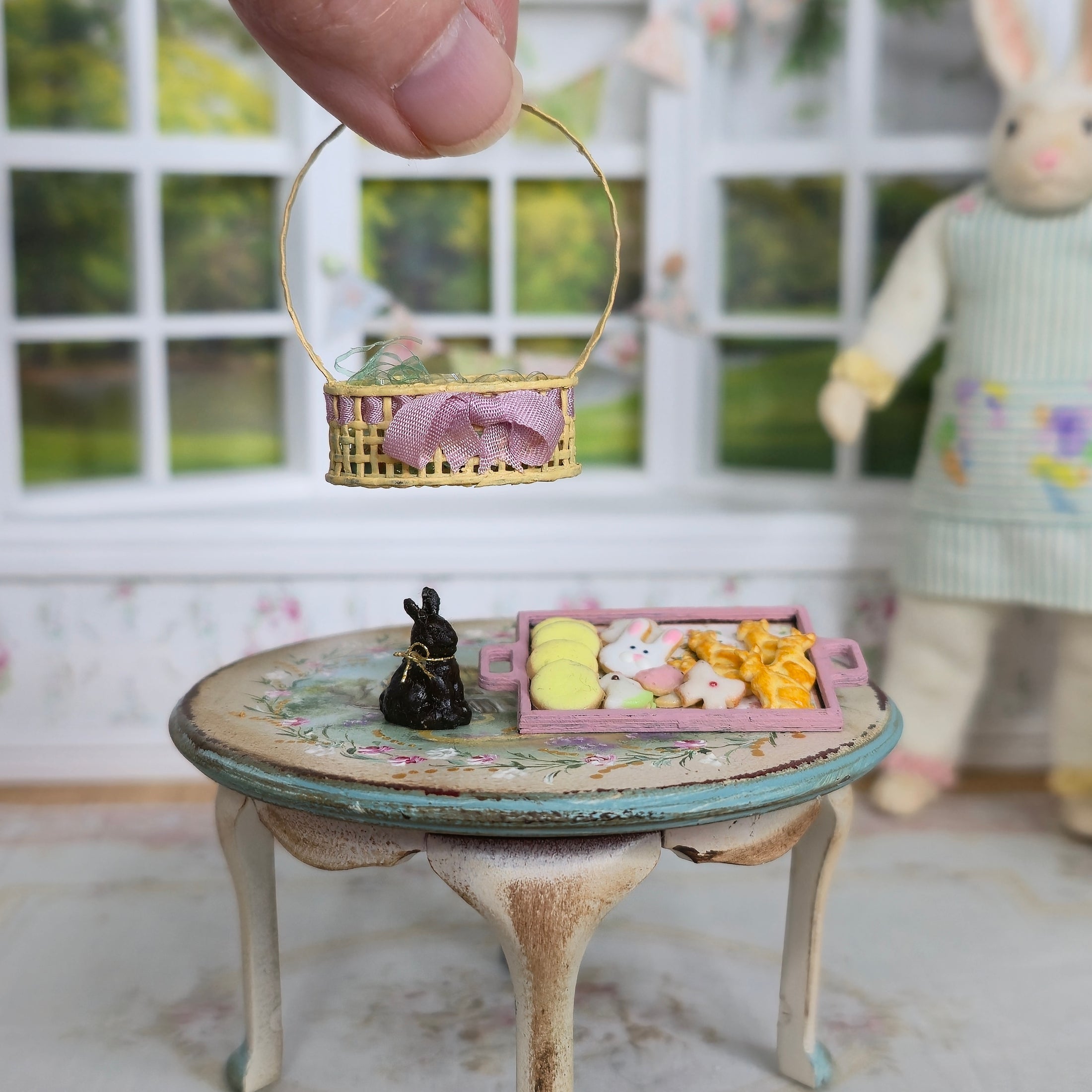 Filled Easter Basket & Cookie Tray Dollhouse Miniature Set