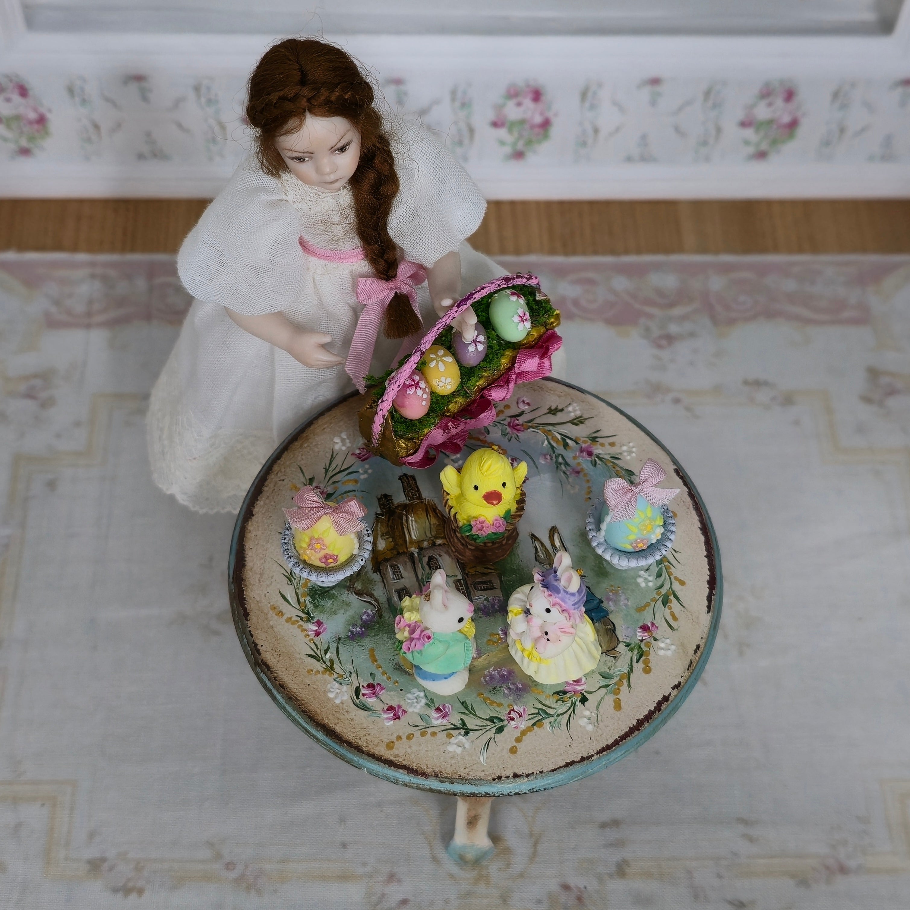 Artisan Easter Figurines & Basket Dollhouse Miniature Spring Decor Set