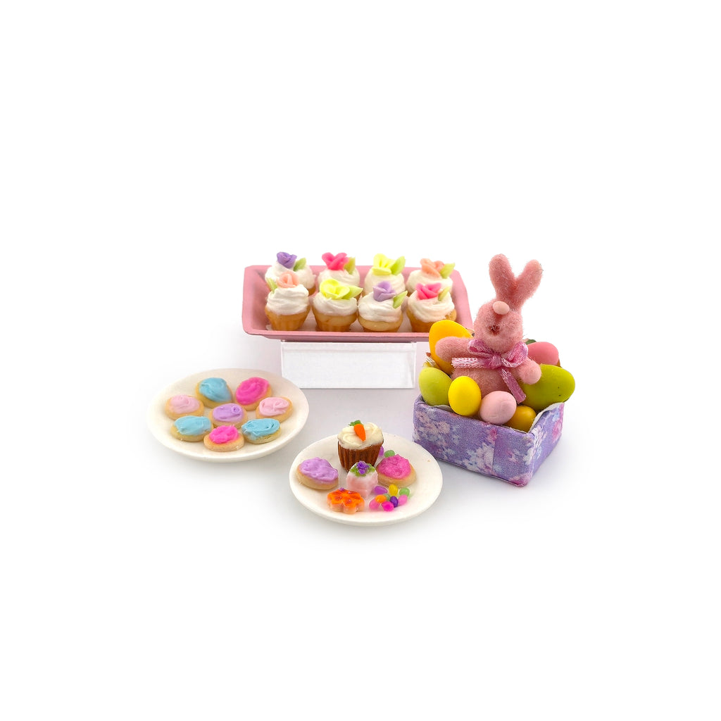 Easter Cupcake & Bunny Dessert Display Dollhouse Miniature Spring Decor