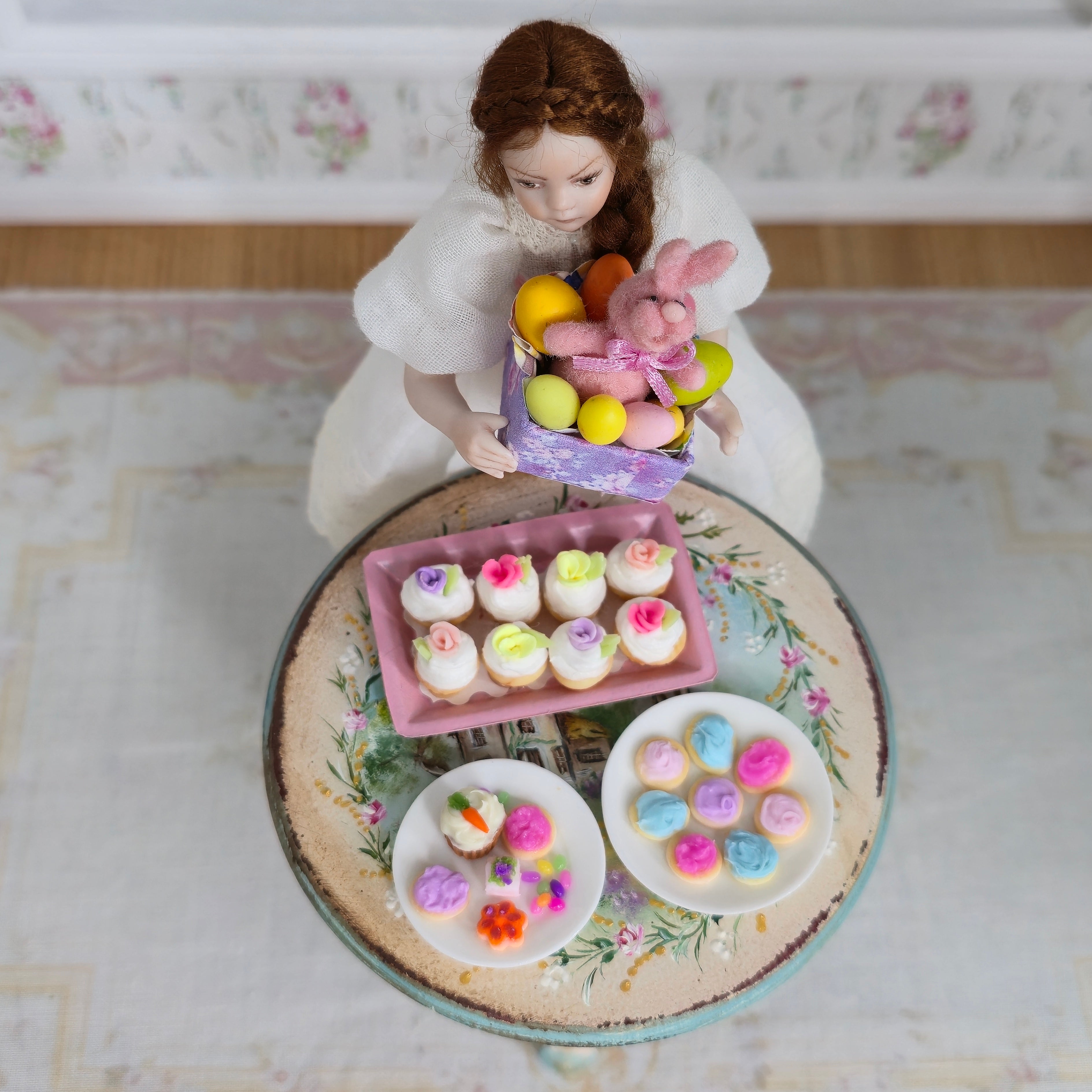 Easter Cupcake & Bunny Dessert Display Dollhouse Miniature Spring Decor