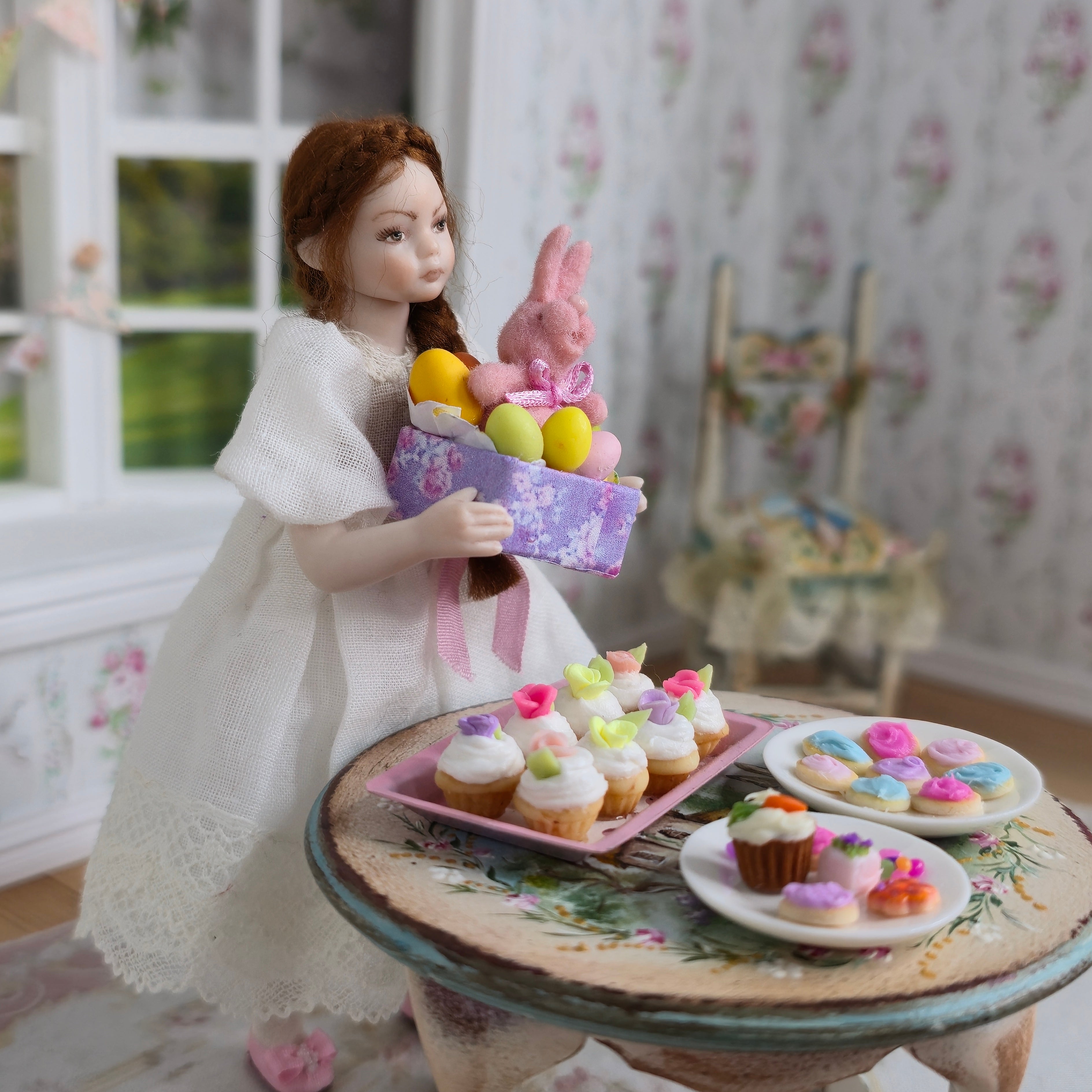 Easter Cupcake & Bunny Dessert Display Dollhouse Miniature Spring Decor
