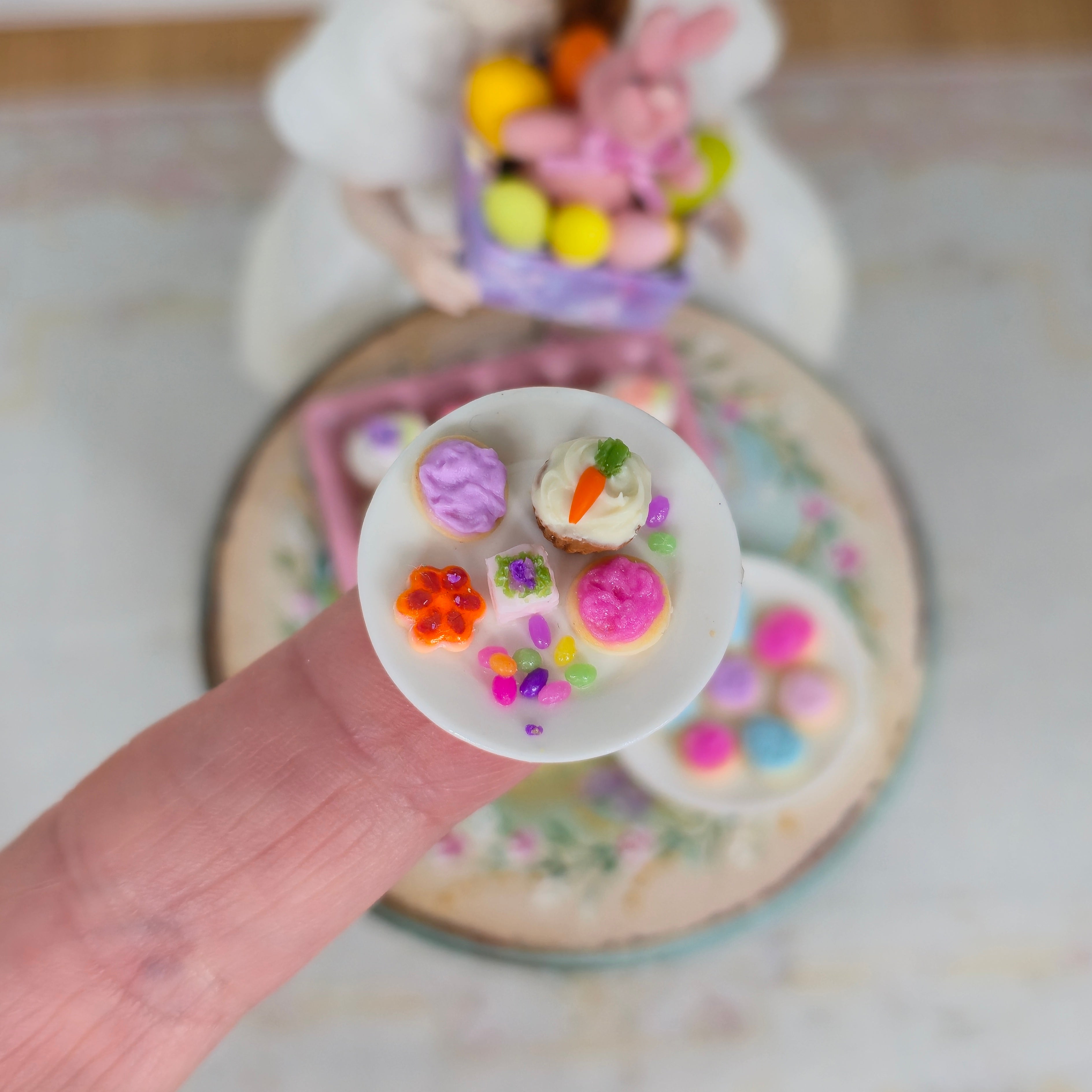 Easter Cupcake & Bunny Dessert Display Dollhouse Miniature Spring Decor