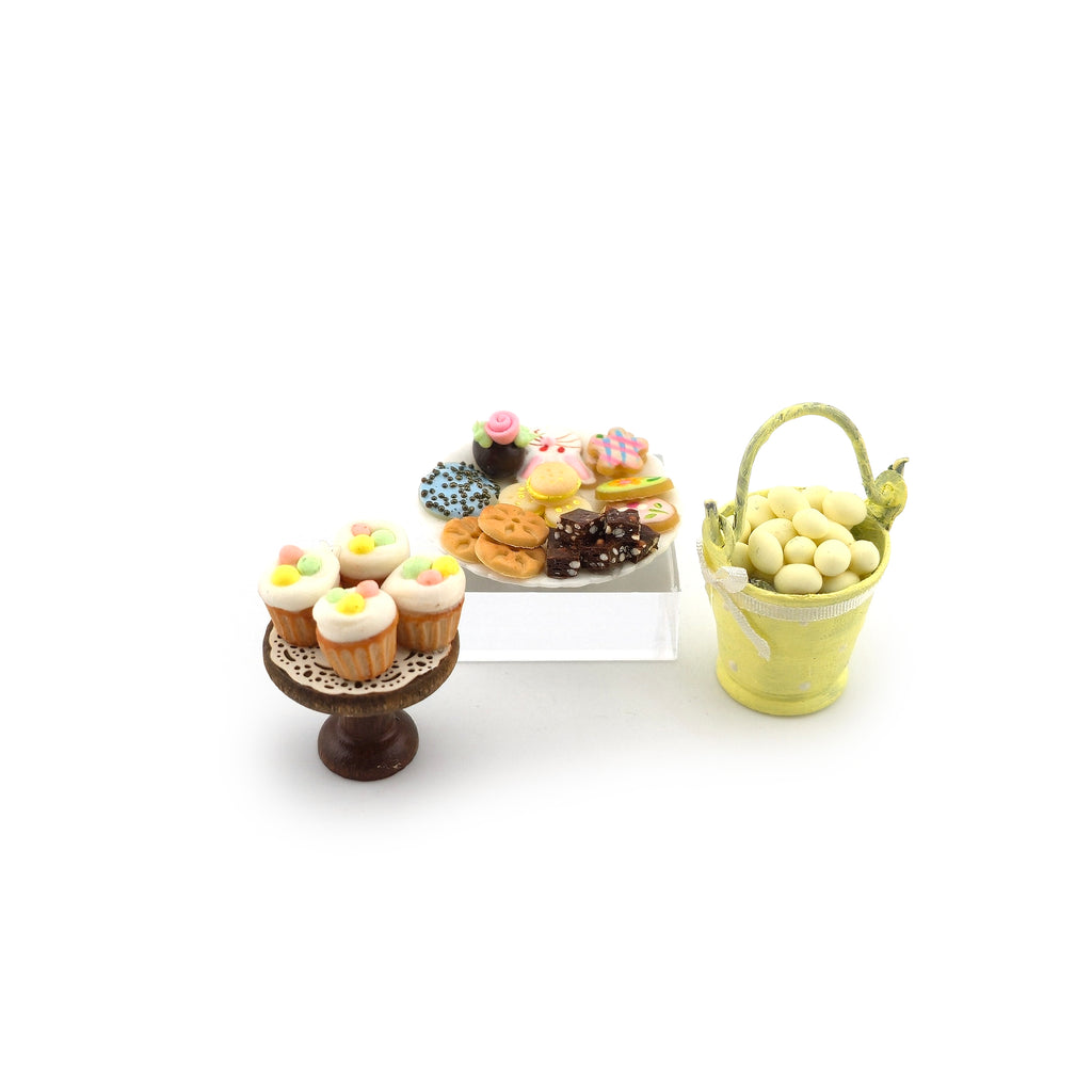 Easter Cupcakes Cookie Plate & Egg Bucket Decor Set Dollhouse Miniature