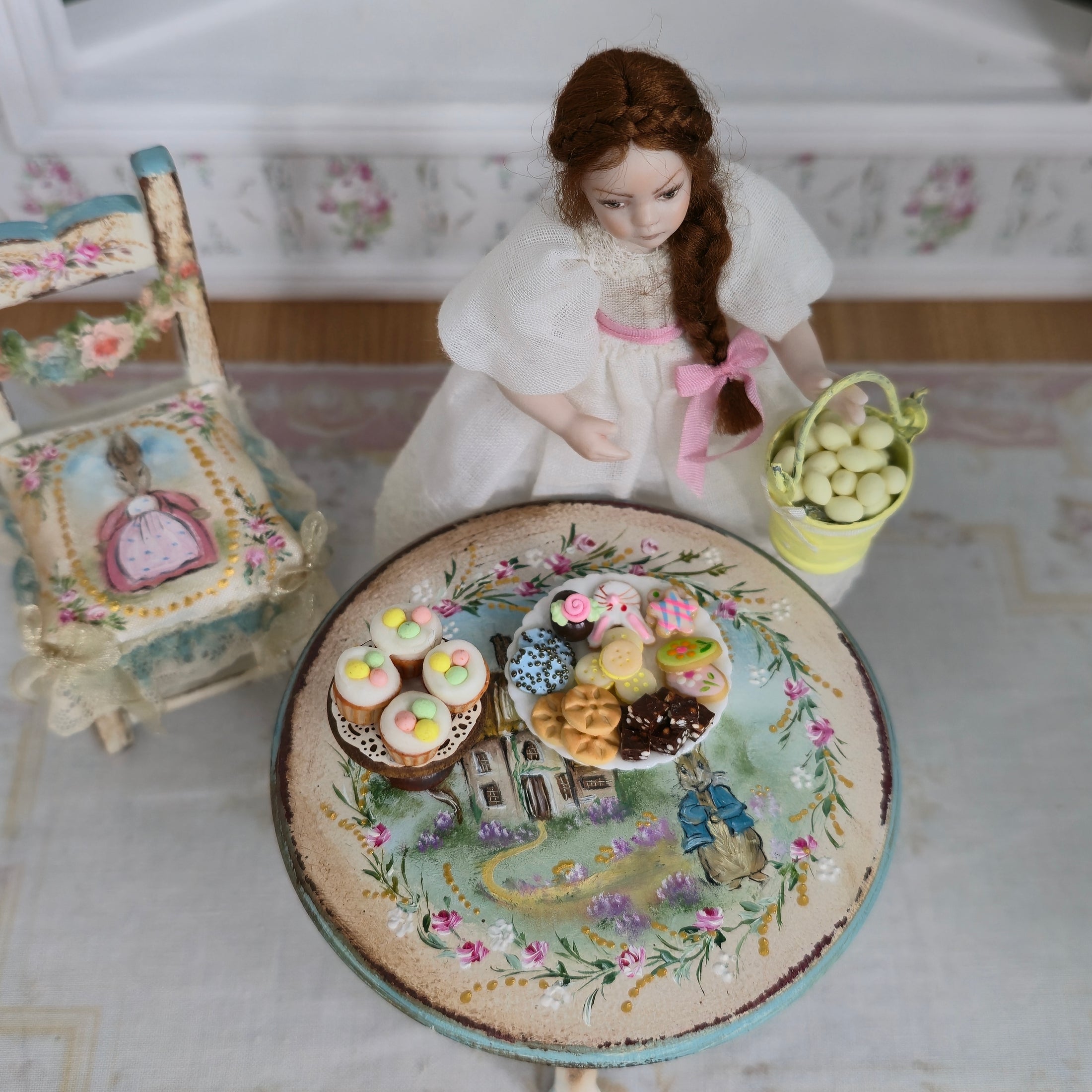 Easter Cupcakes Cookie Plate & Egg Bucket Decor Set Dollhouse Miniature