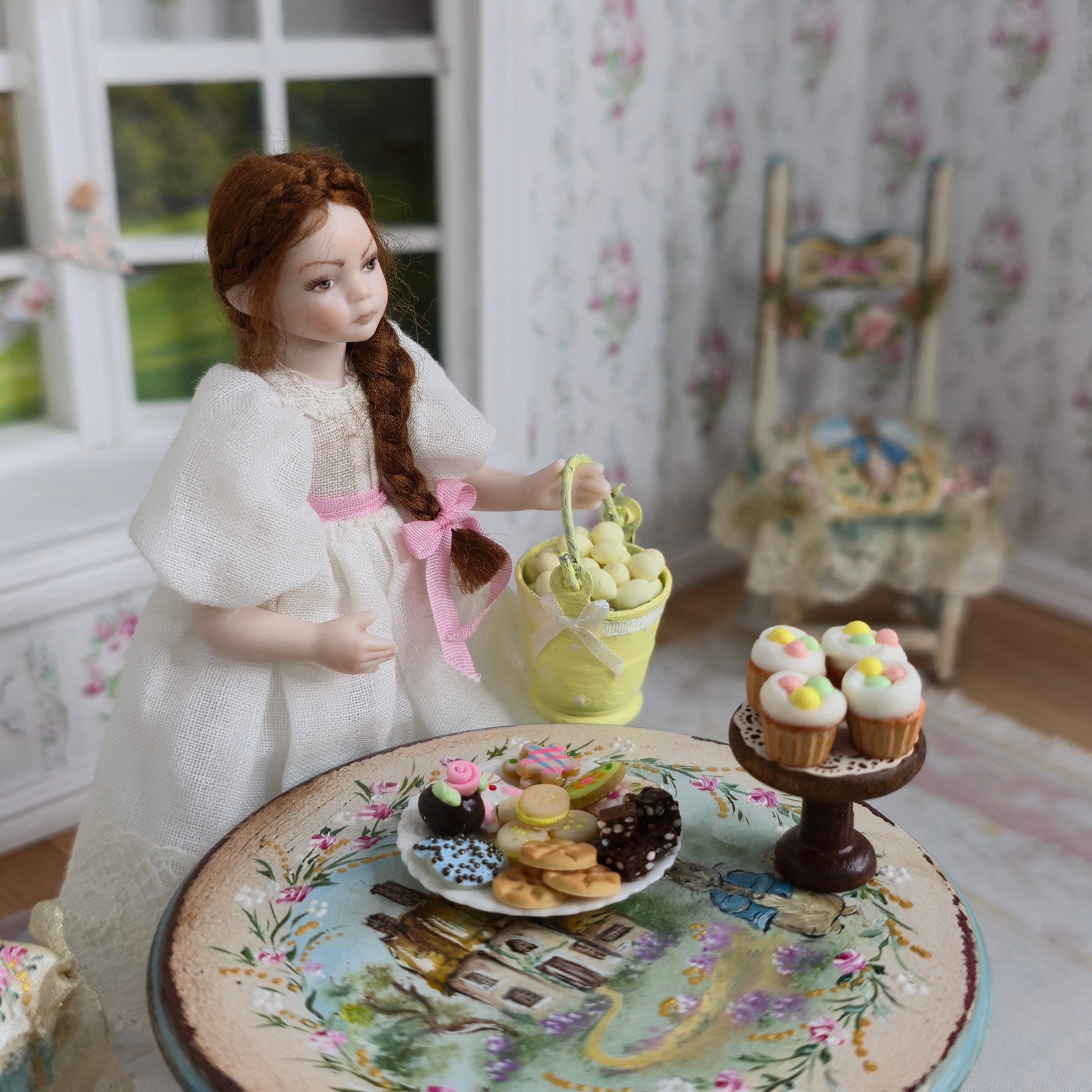 Easter Cupcakes Cookie Plate & Egg Bucket Decor Set Dollhouse Miniature