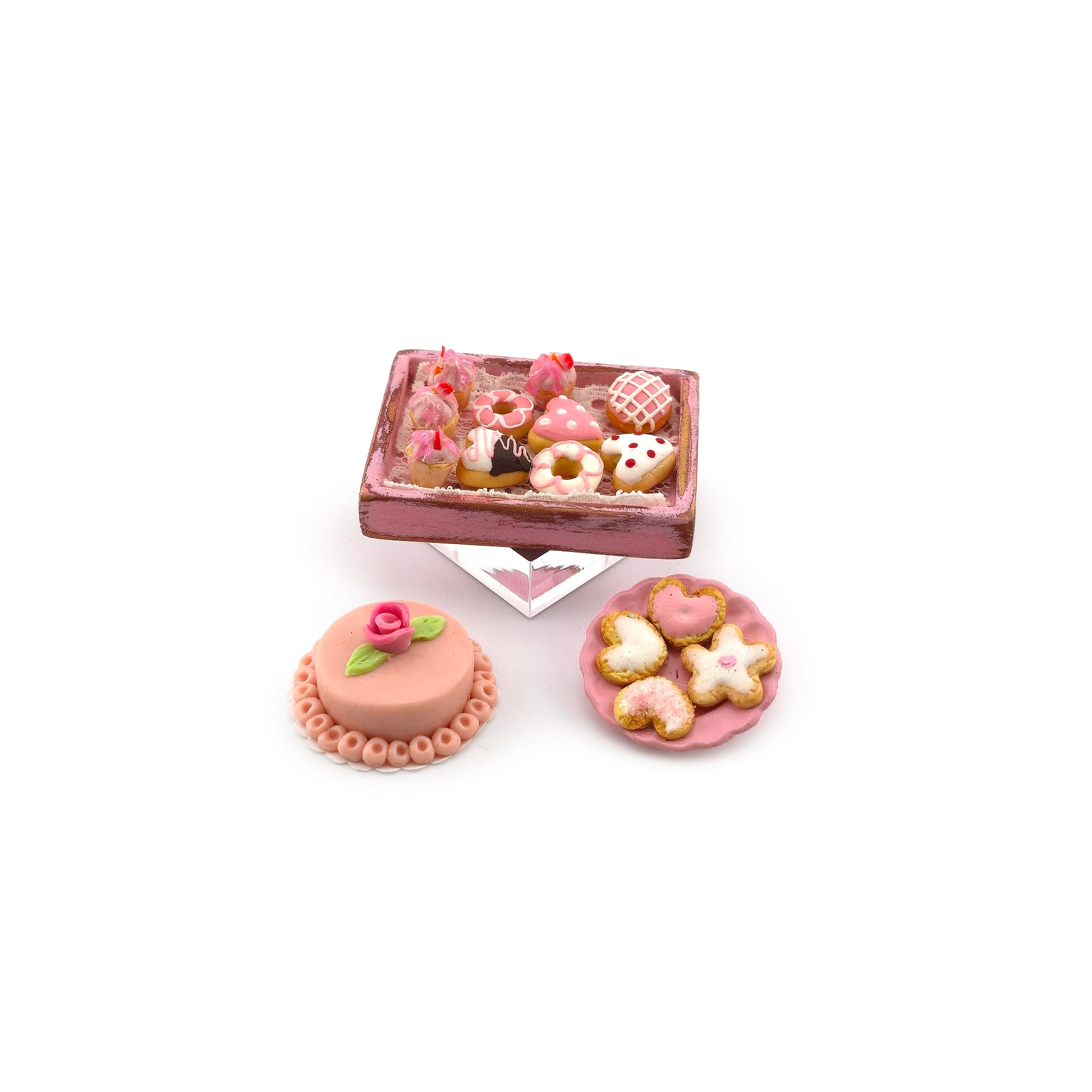 Pink Easter Dessert Tray Cake & Cookies Dollhouse Miniature Set