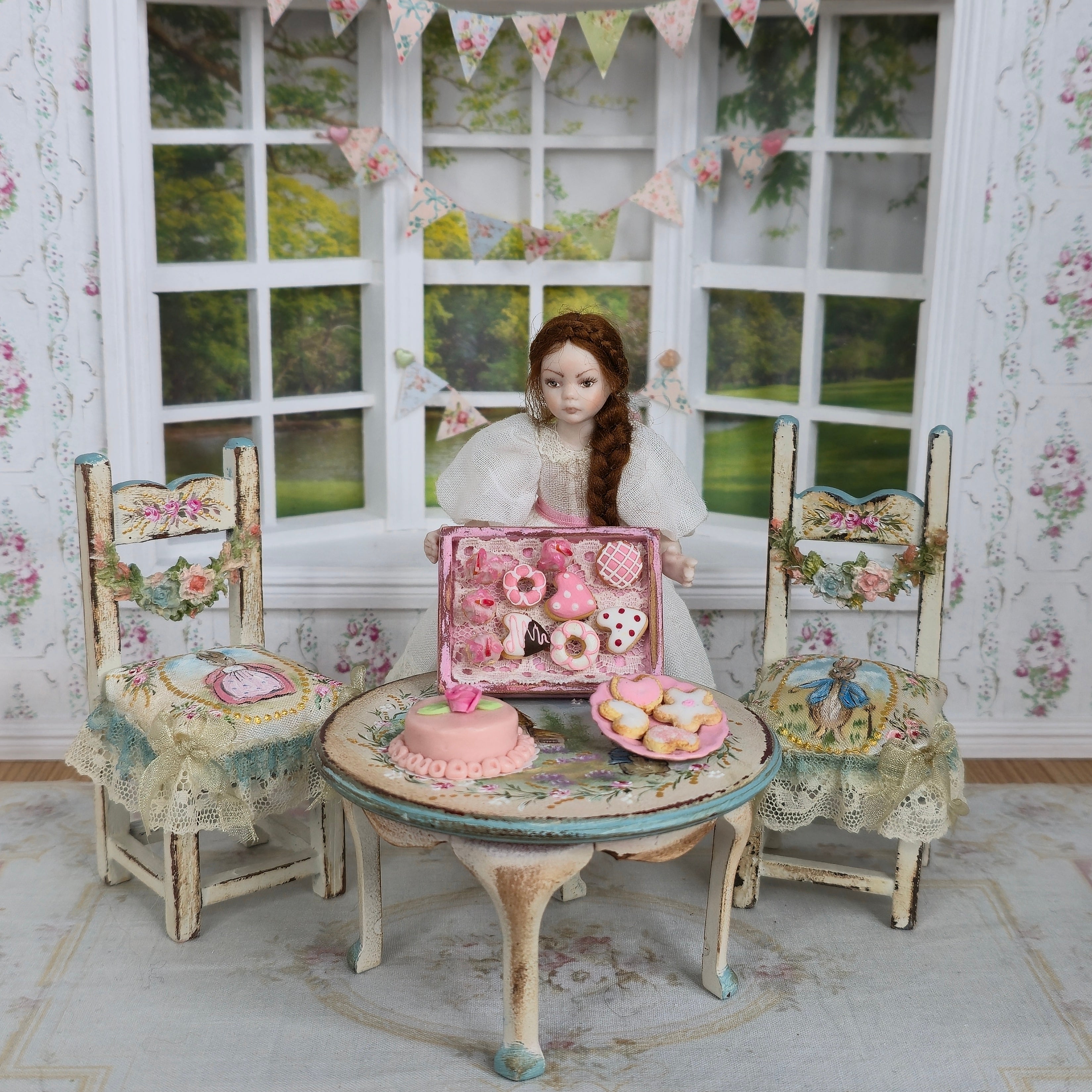 Pink Easter Dessert Tray Cake & Cookies Dollhouse Miniature Set