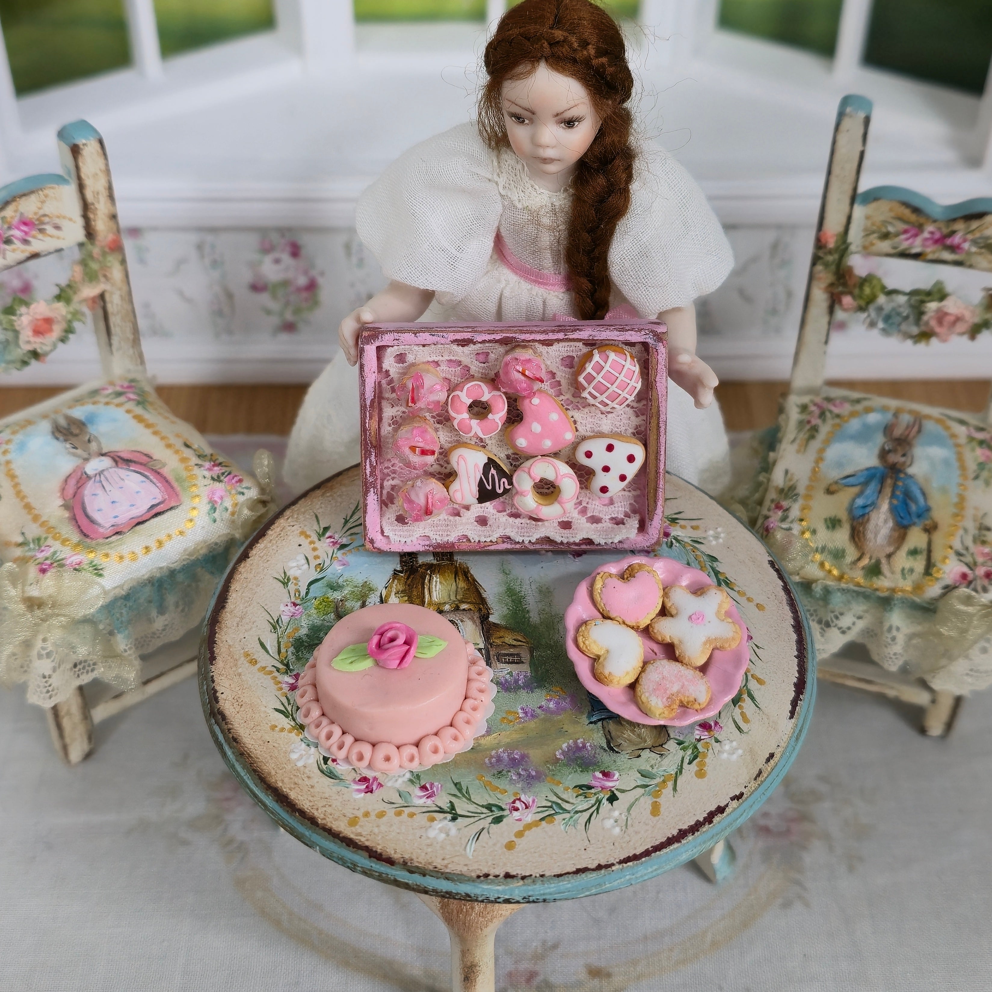 Pink Easter Dessert Tray Cake & Cookies Dollhouse Miniature Set
