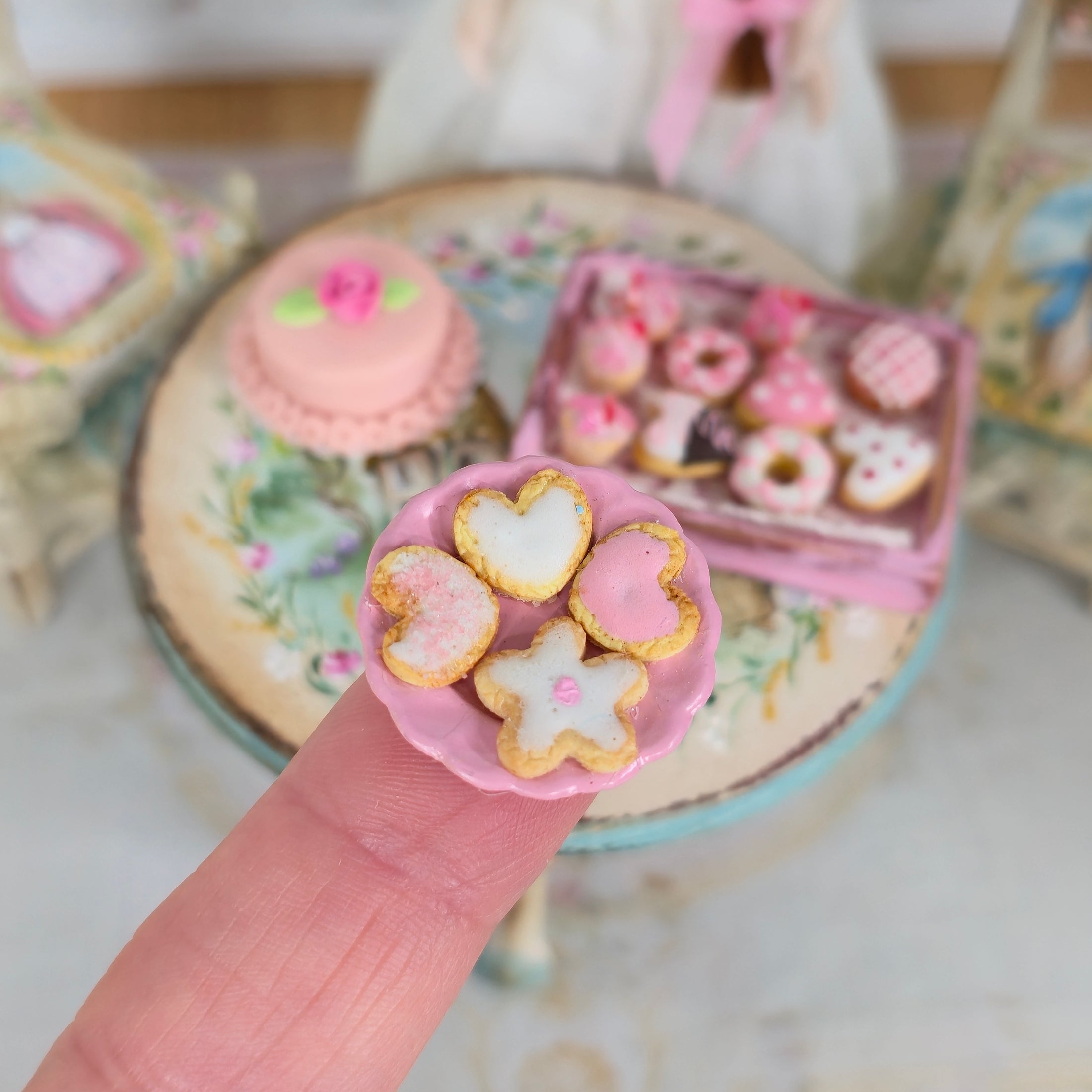 Pink Easter Dessert Tray Cake & Cookies Dollhouse Miniature Set