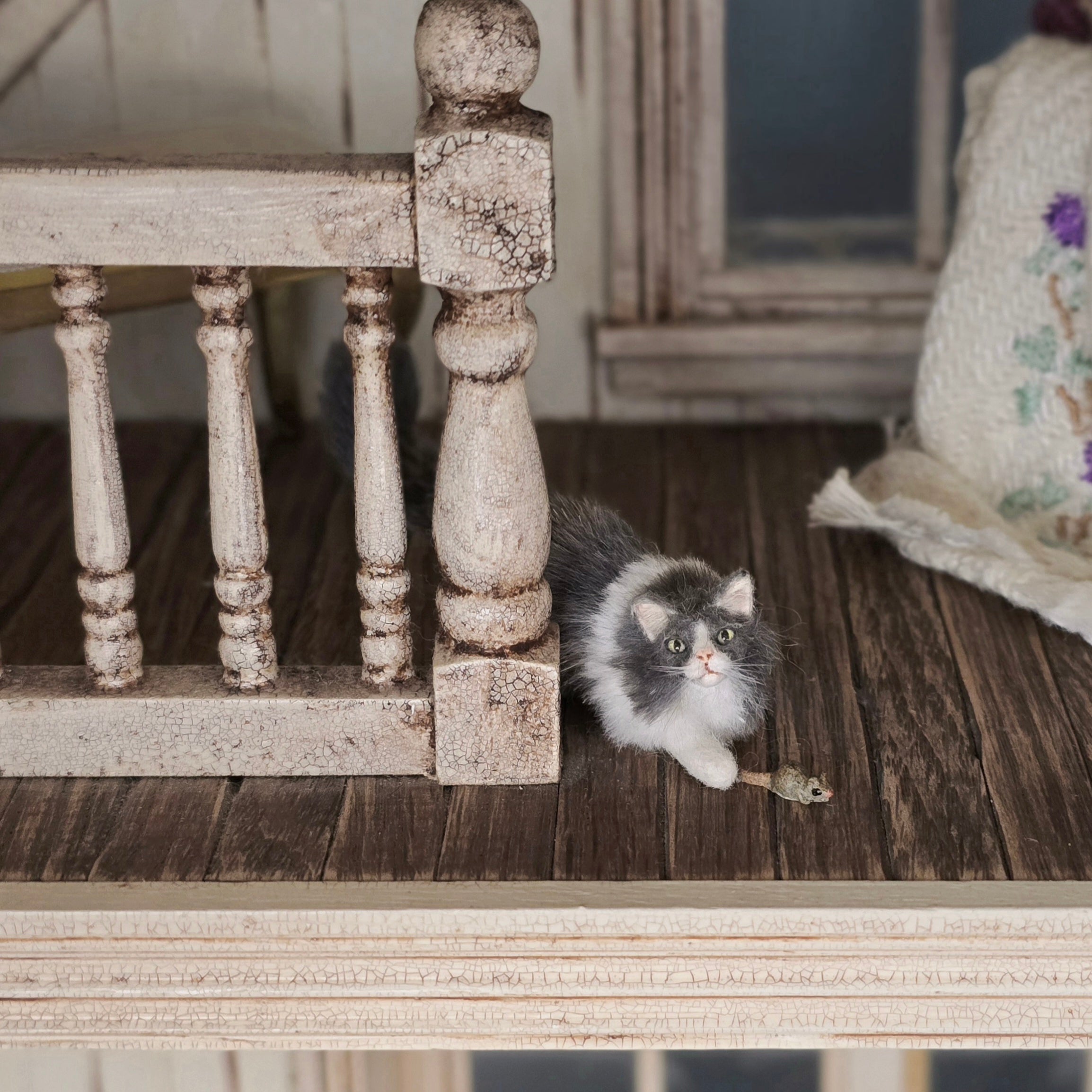 Axel Grey & White Long Haired Cat in Hunting Pose Ready to Pounce