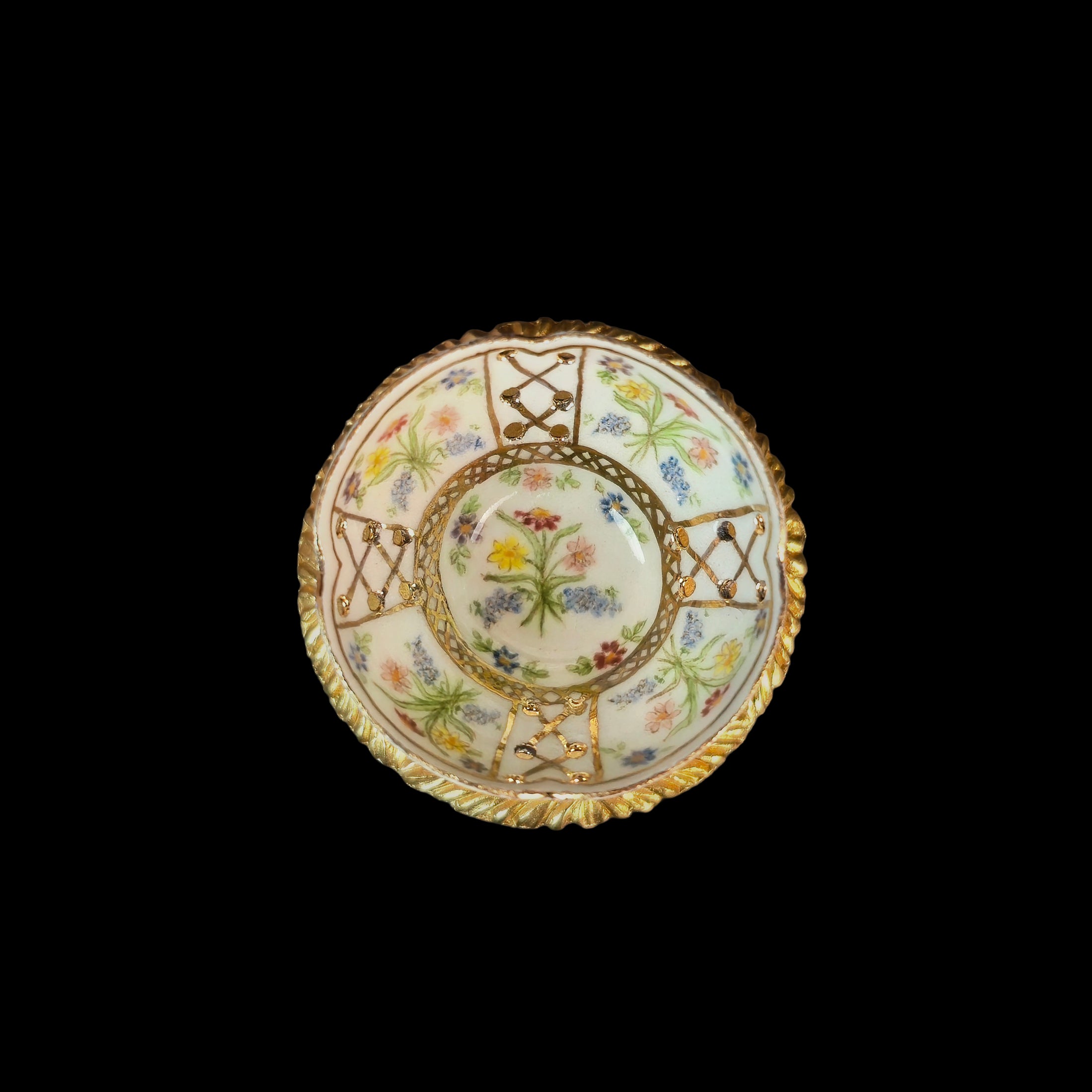Jean Welch Pierced Floral & Corsetry Hand-Painted Porcelain Bowl RARE RARE