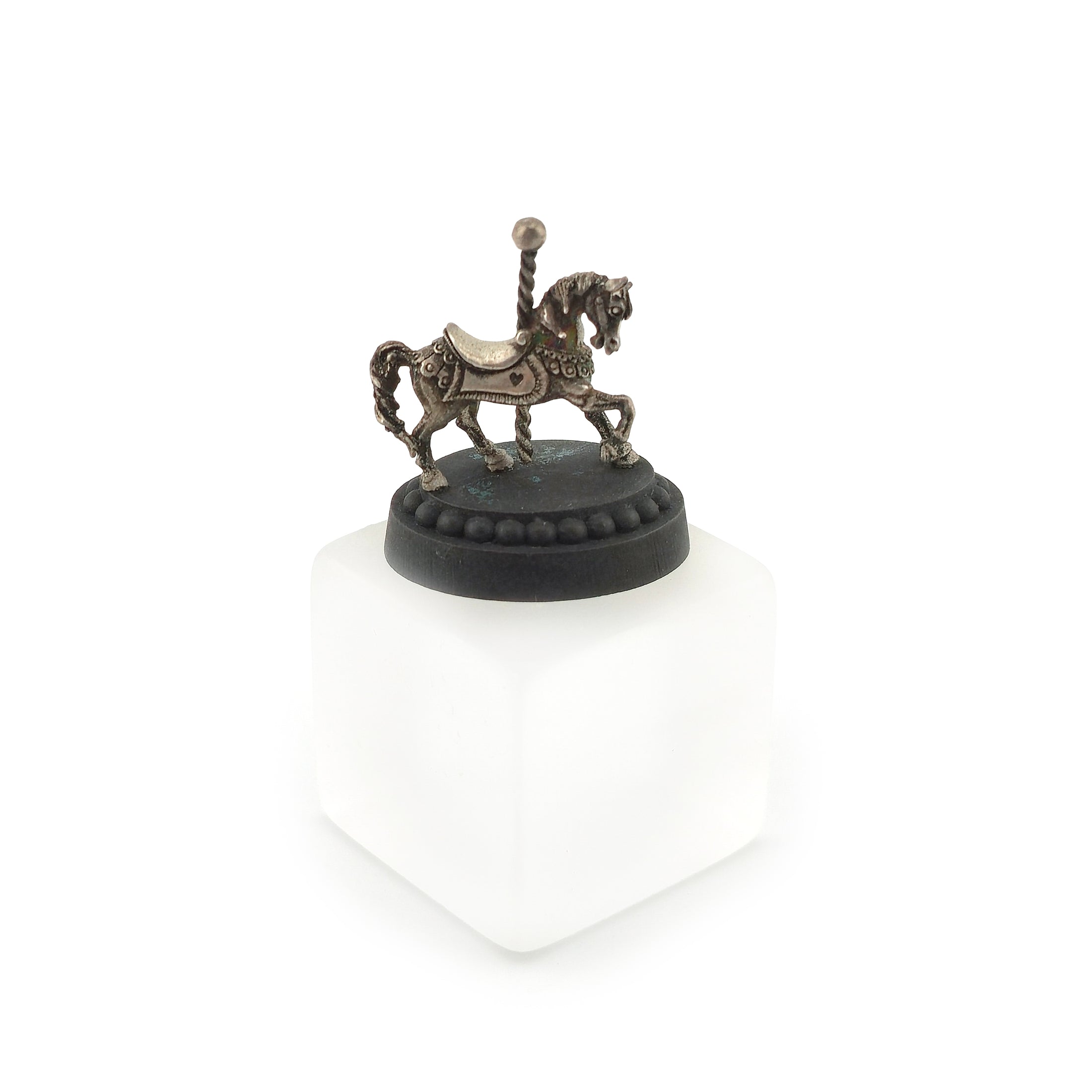 Miniature Sterling Silver Carousel Horse Sculpture on Wooden Base