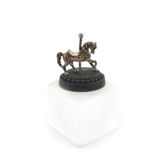 Miniature Sterling Silver Carousel Horse Sculpture on Wooden Base