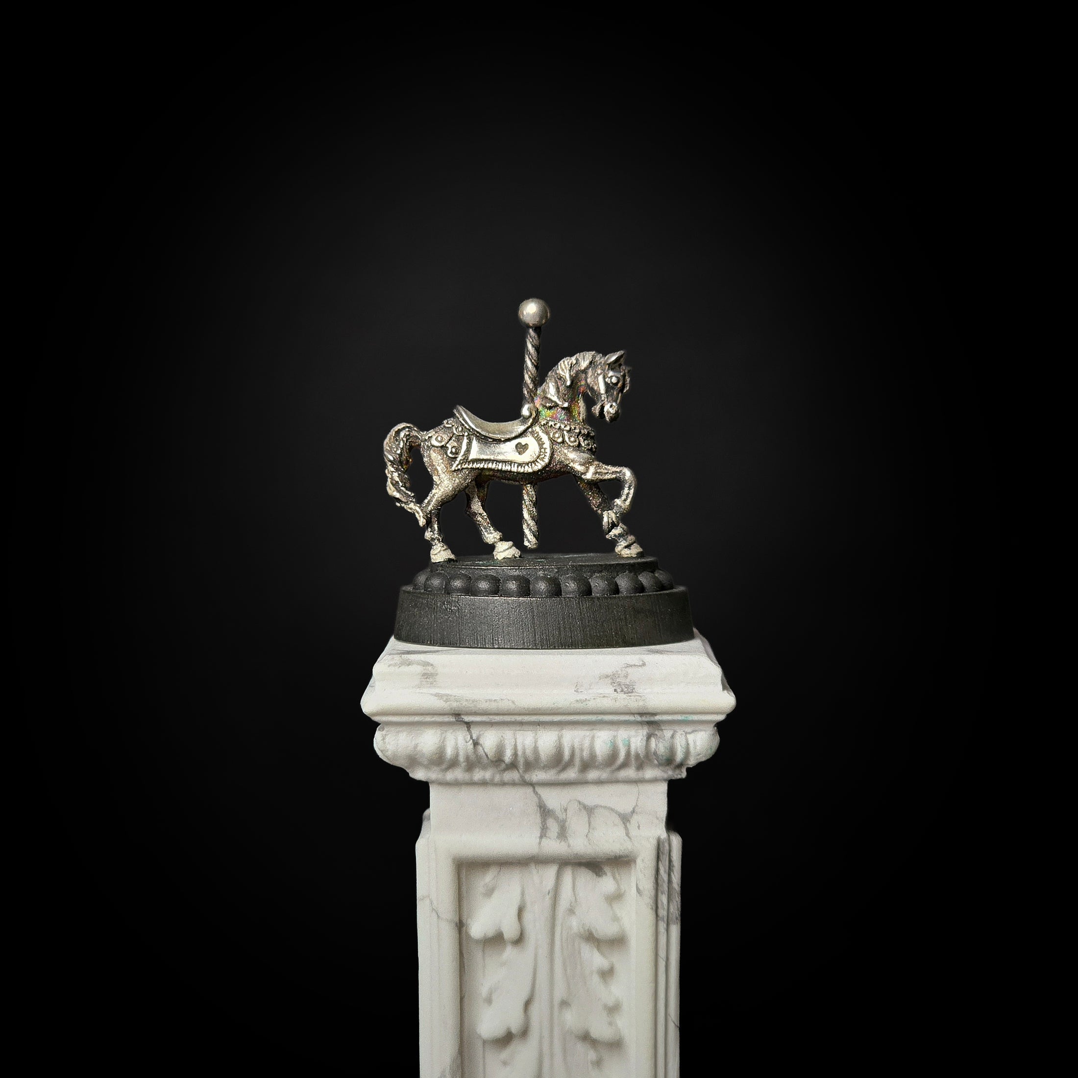 Miniature Sterling Silver Carousel Horse Sculpture on Wooden Base
