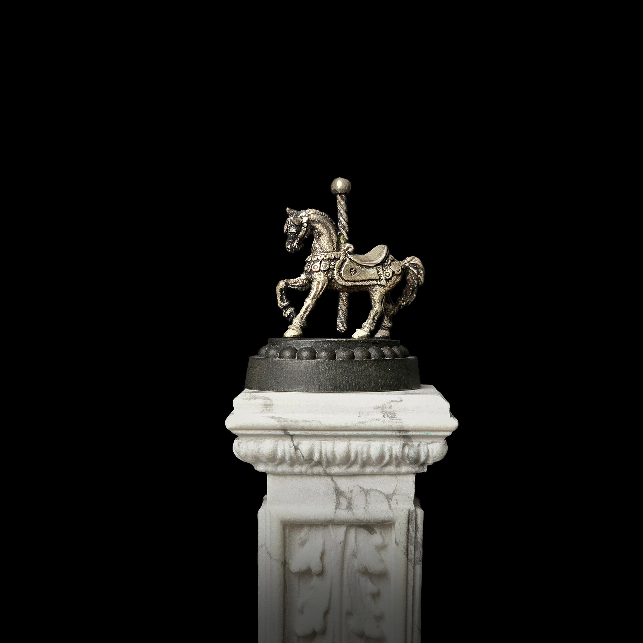 Miniature Sterling Silver Carousel Horse Sculpture on Wooden Base