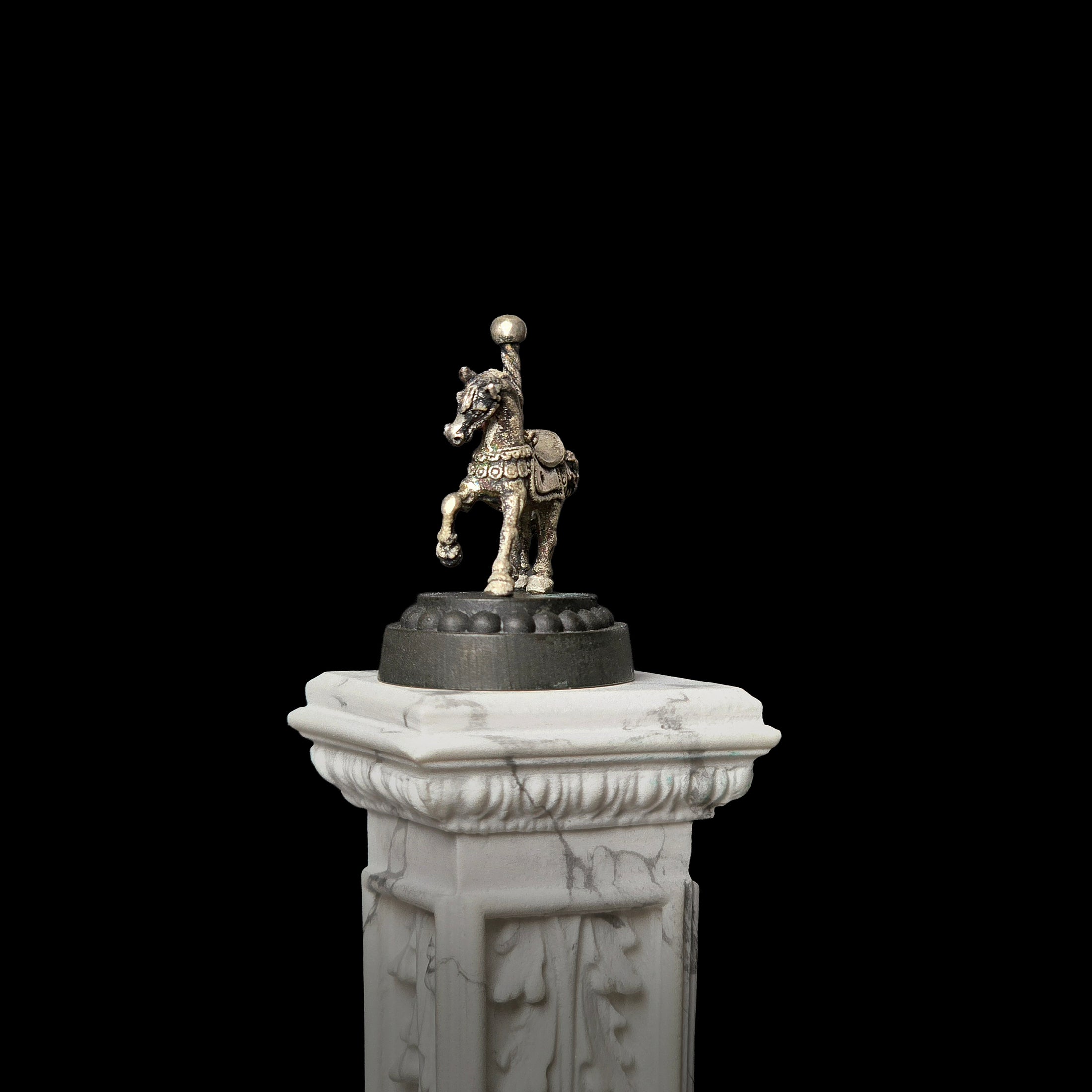 Miniature Sterling Silver Carousel Horse Sculpture on Wooden Base