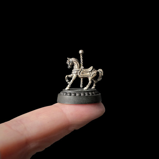 Miniature Sterling Silver Carousel Horse Sculpture on Wooden Base