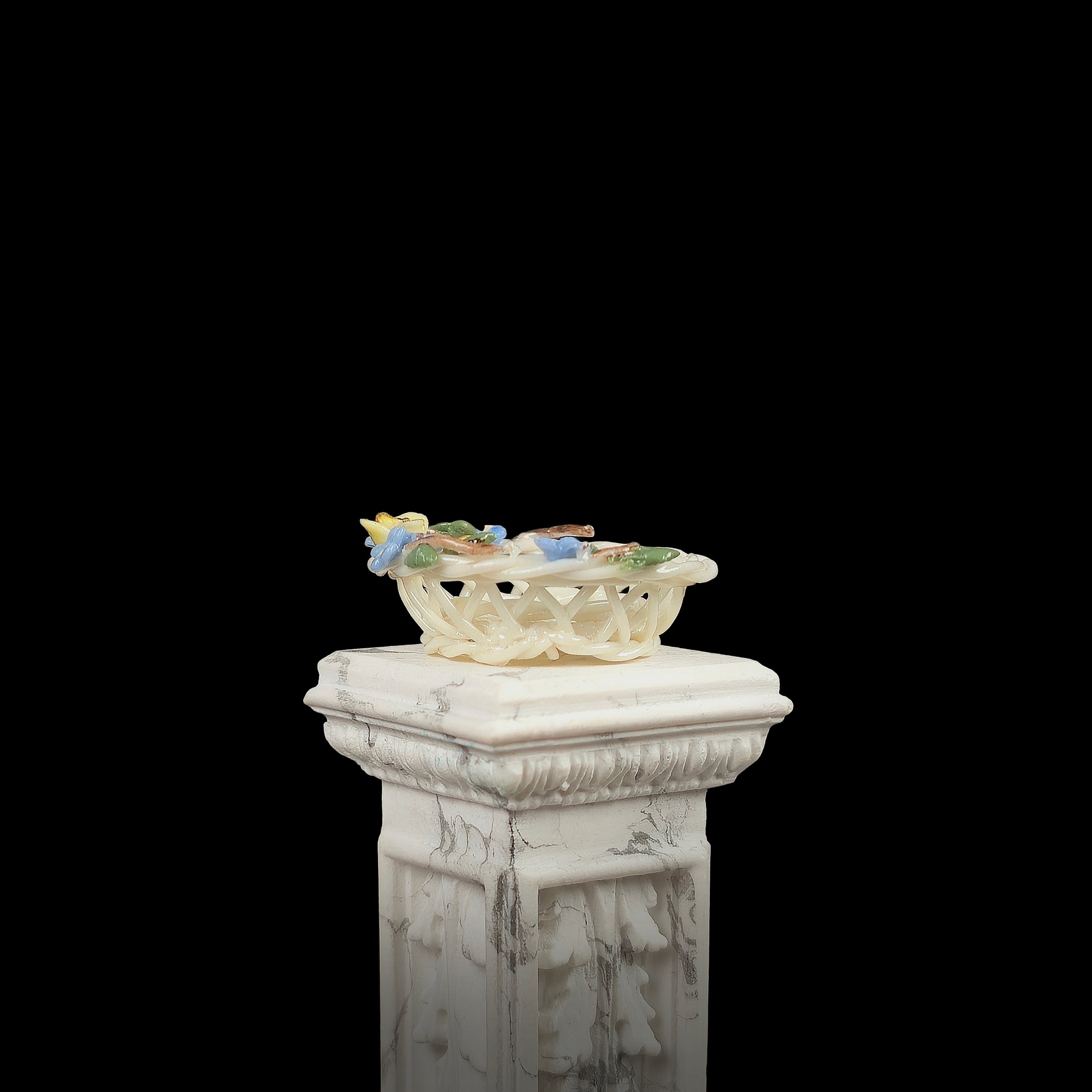 OOAK Floral Hand Sculpted Porcelain Basket Signed Artisan Miniature