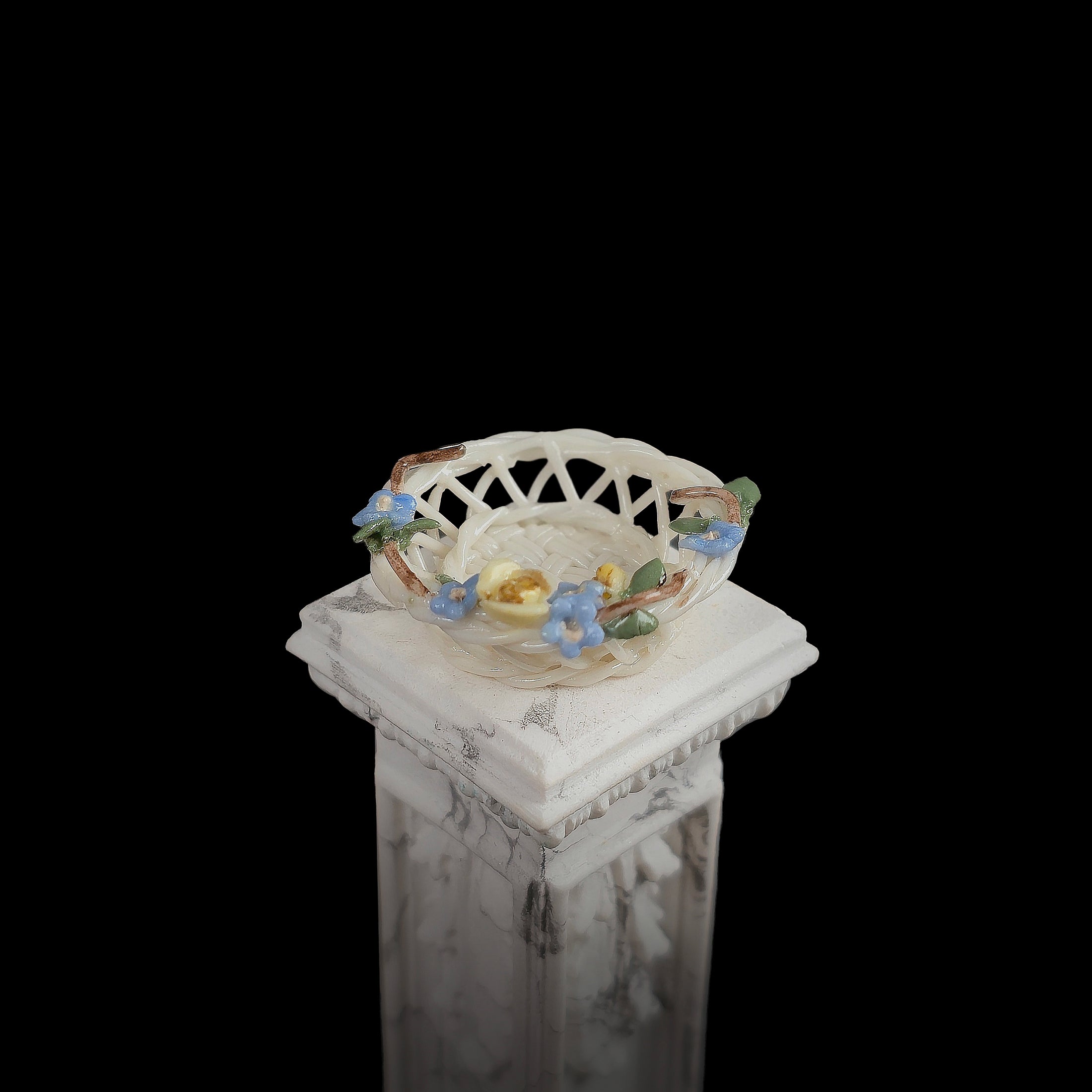 OOAK Floral Hand Sculpted Porcelain Basket Signed Artisan Miniature