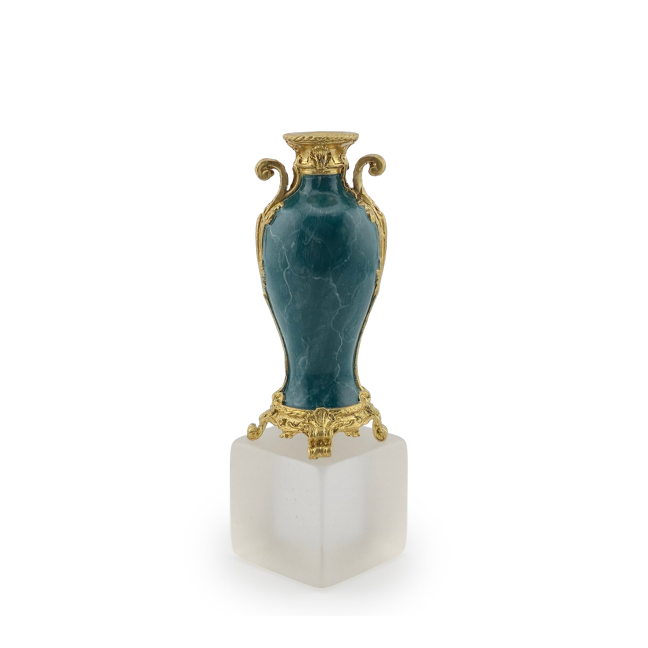 David Iriarte Gold Plated Bronze & Green Enameled Faux Marble Urn Vase A