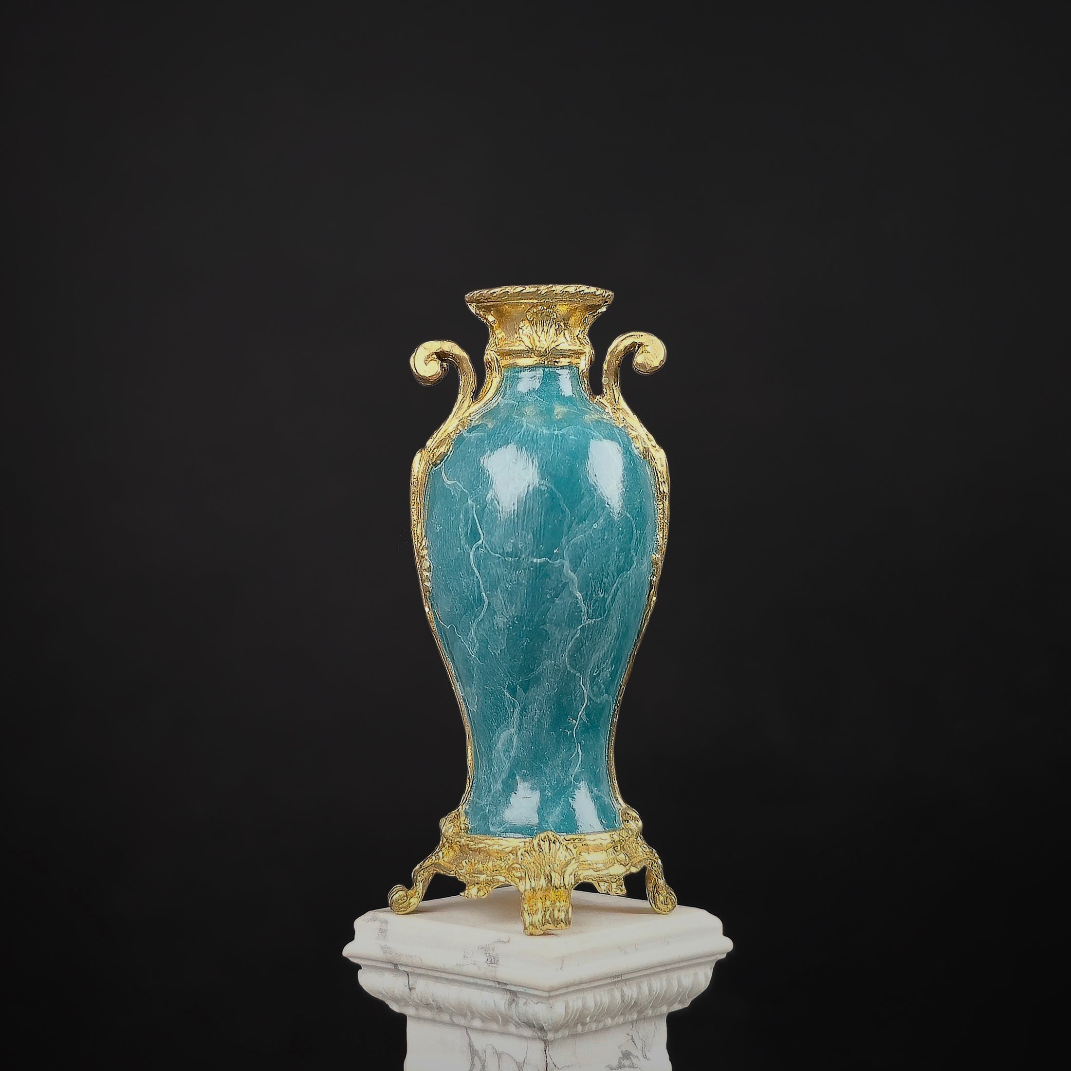 David Iriarte Gold Plated Bronze & Green Enameled Faux Marble Urn Vase A