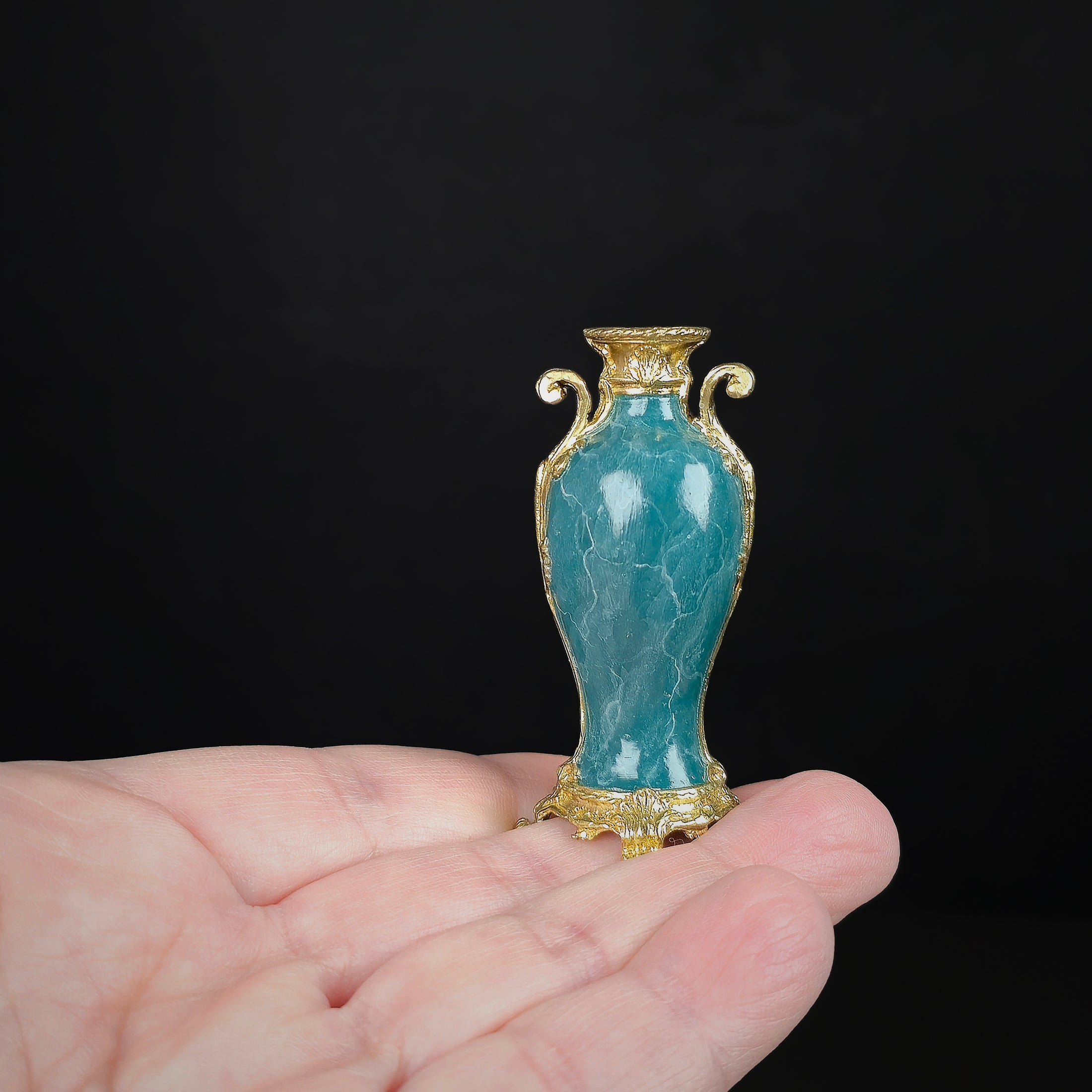 David Iriarte Gold Plated Bronze & Green Enameled Faux Marble Urn Vase A