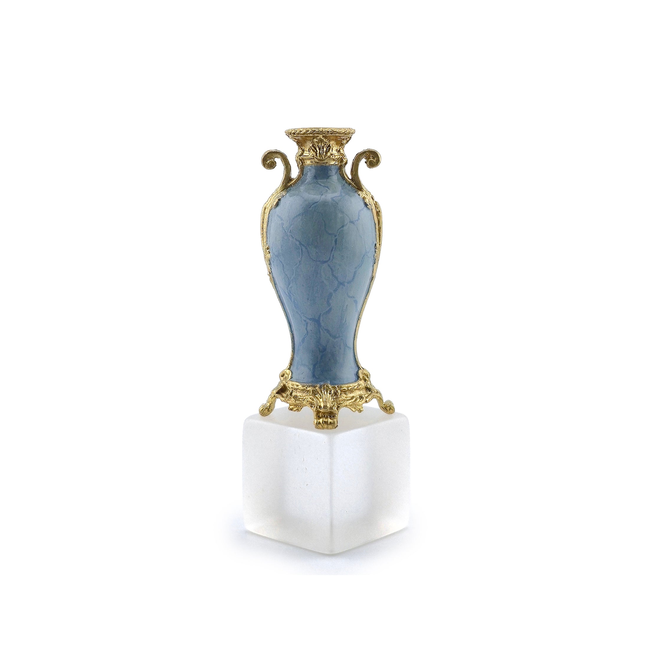 David Iriarte Gold Plated Bronze & Blue Enameled Faux Marble Asian Urn Vase A