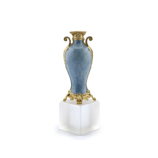 David Iriarte Gold Plated Bronze & Blue Enameled Faux Marble Asian Urn Vase A