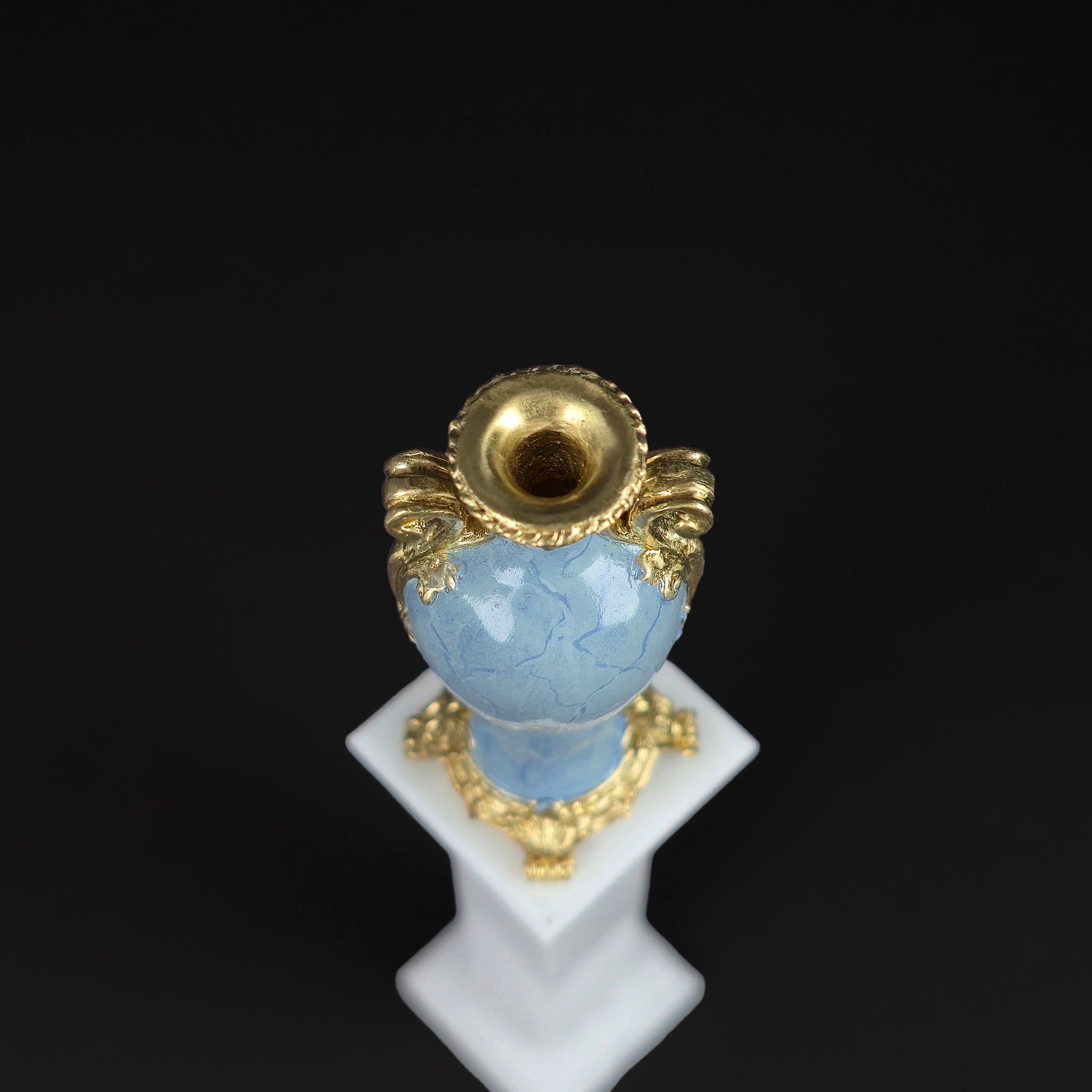 David Iriarte Gold Plated Bronze & Blue Enameled Faux Marble Asian Urn Vase A