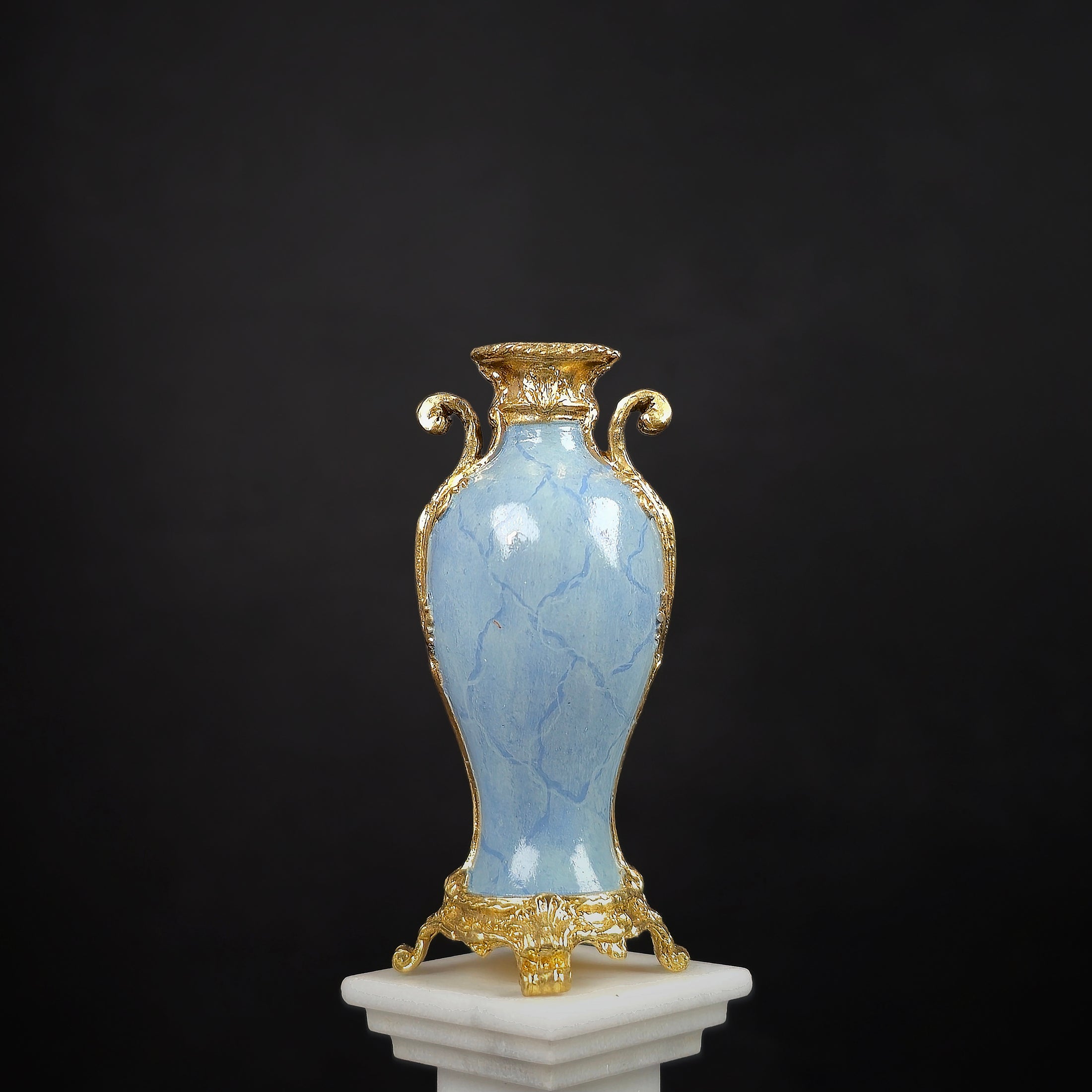 David Iriarte Gold Plated Bronze & Blue Enameled Faux Marble Asian Urn Vase A