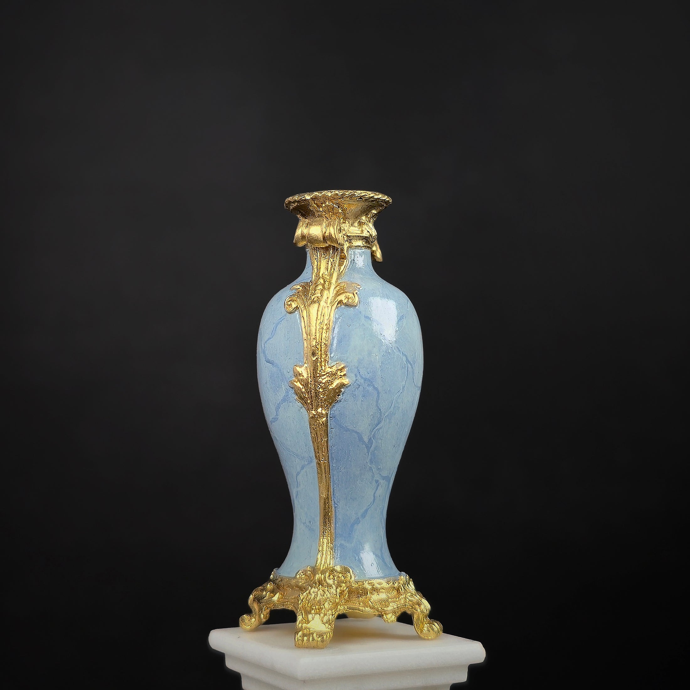 David Iriarte Gold Plated Bronze & Blue Enameled Faux Marble Asian Urn Vase A