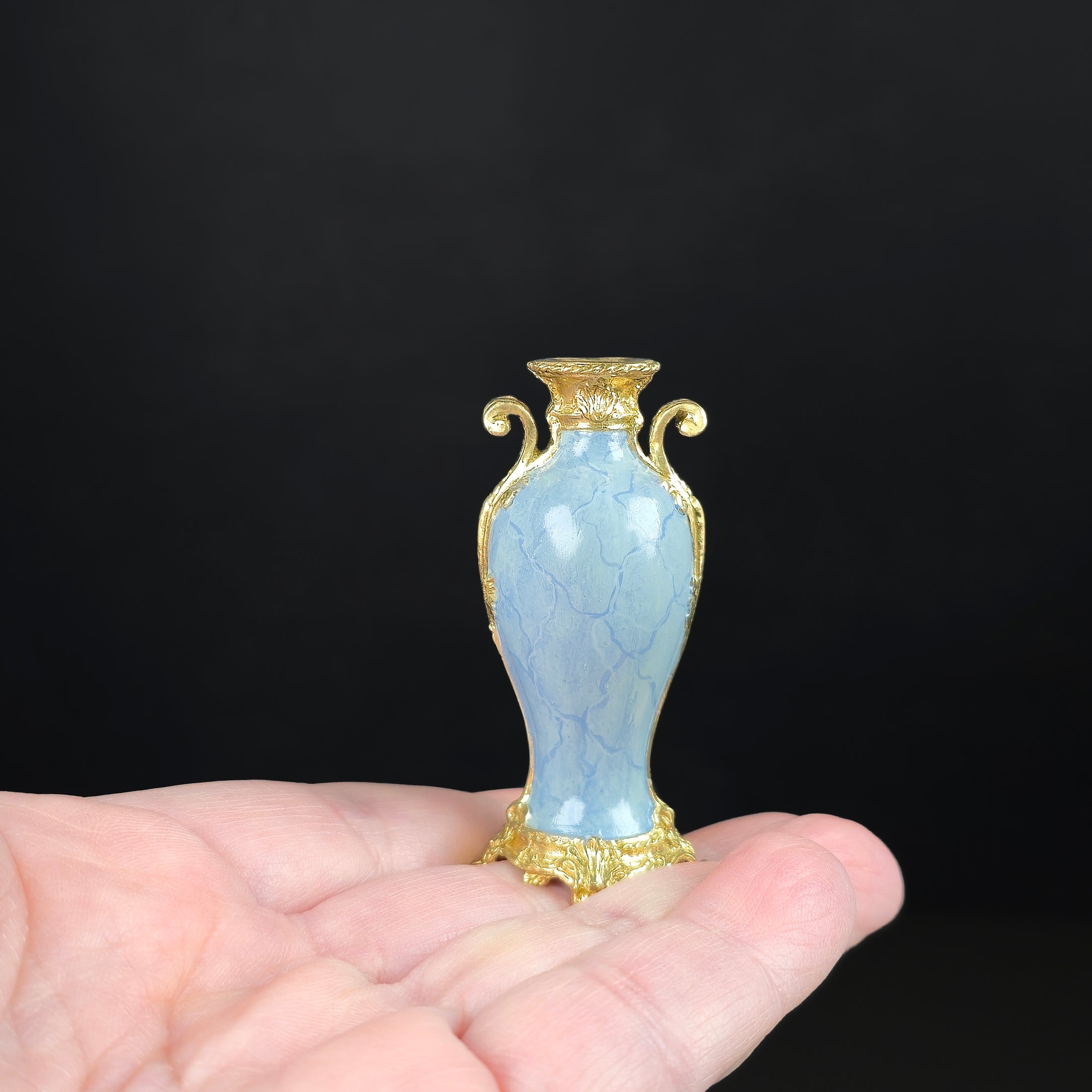 David Iriarte Gold Plated Bronze & Blue Enameled Faux Marble Asian Urn Vase A