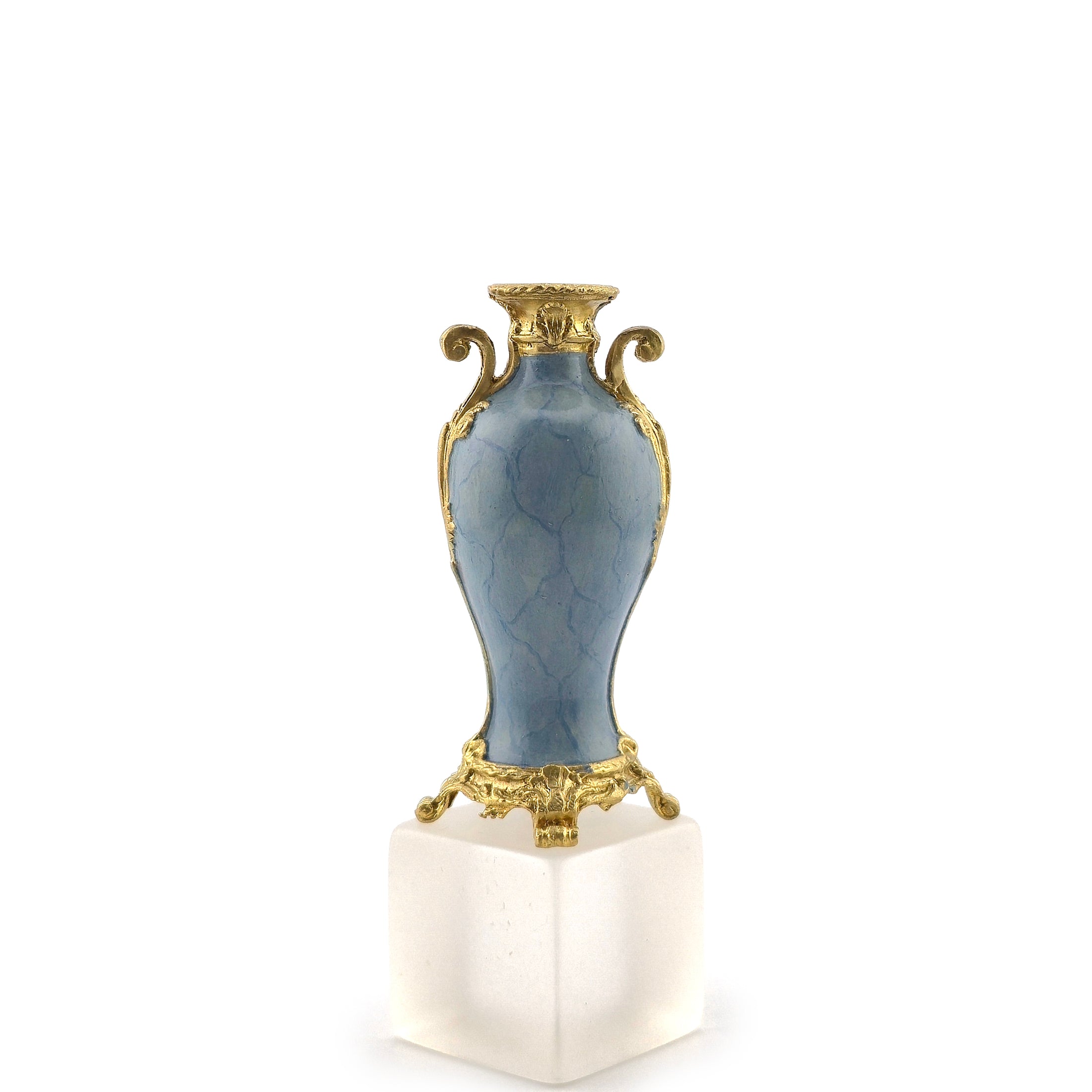 David Iriarte Gold Plated Bronze & Blue Enameled Faux Marble Asian Urn Vase B