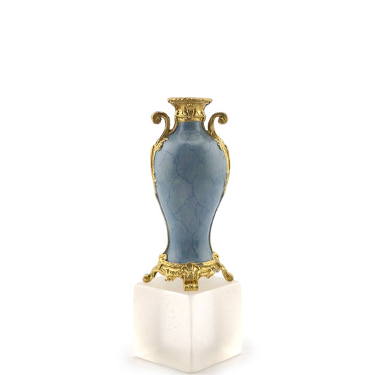 David Iriarte Gold Plated Bronze & Blue Enameled Faux Marble Asian Urn Vase B