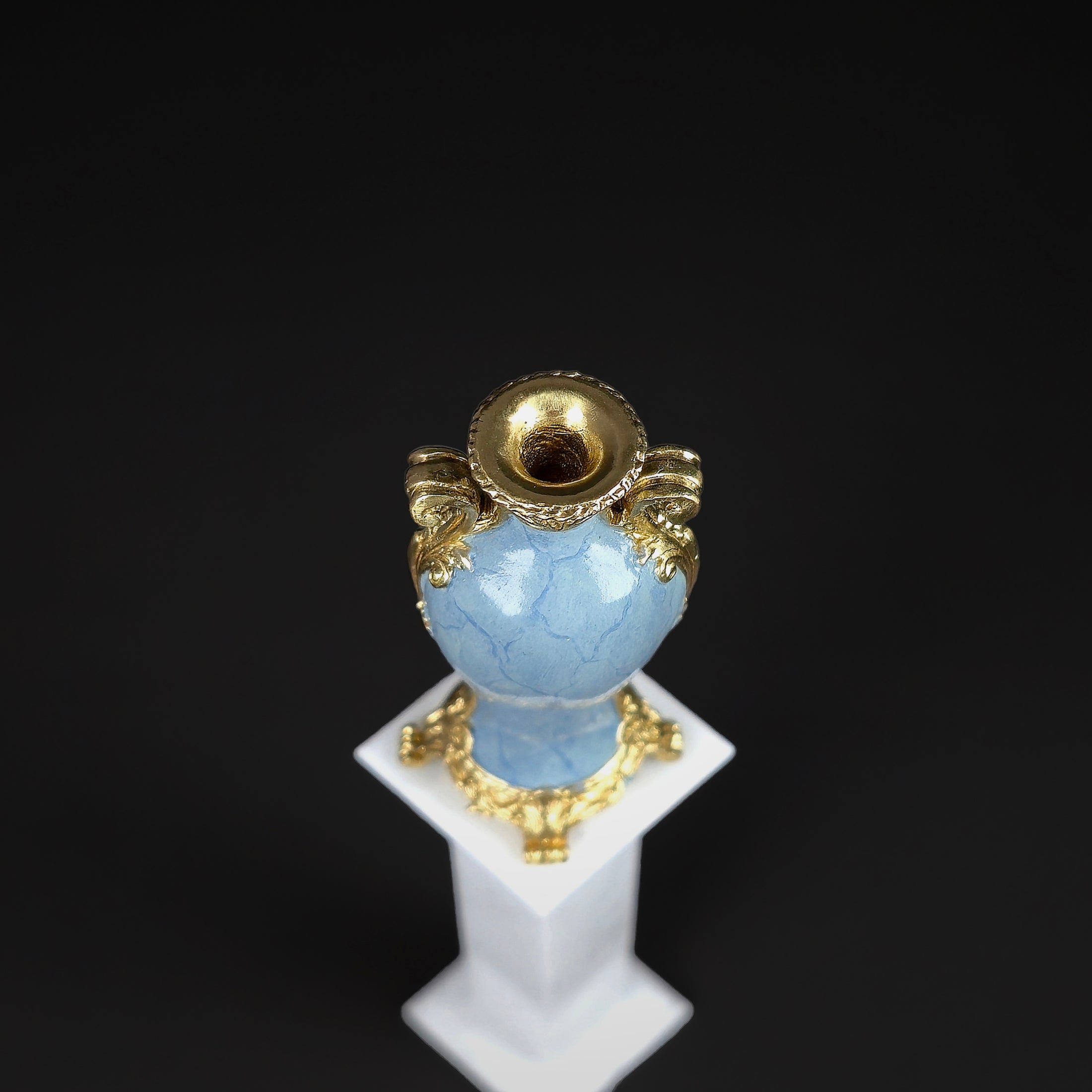 David Iriarte Gold Plated Bronze & Blue Enameled Faux Marble Asian Urn Vase B