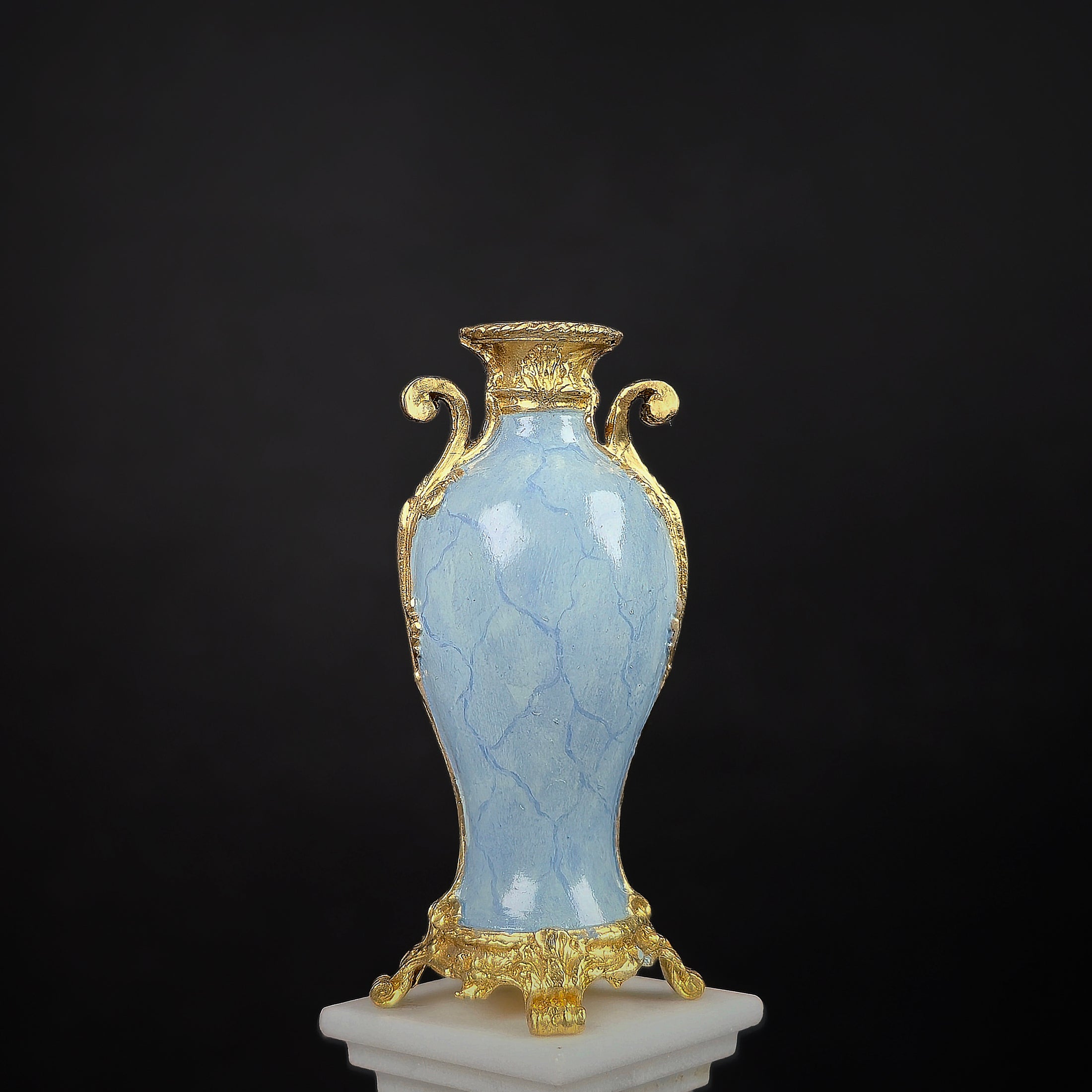 David Iriarte Gold Plated Bronze & Blue Enameled Faux Marble Asian Urn Vase B