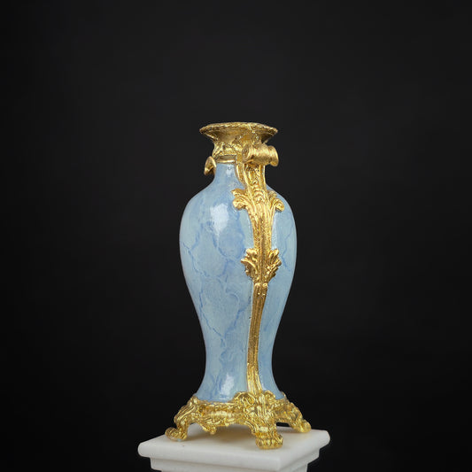 David Iriarte Gold Plated Bronze & Blue Enameled Faux Marble Asian Urn Vase B