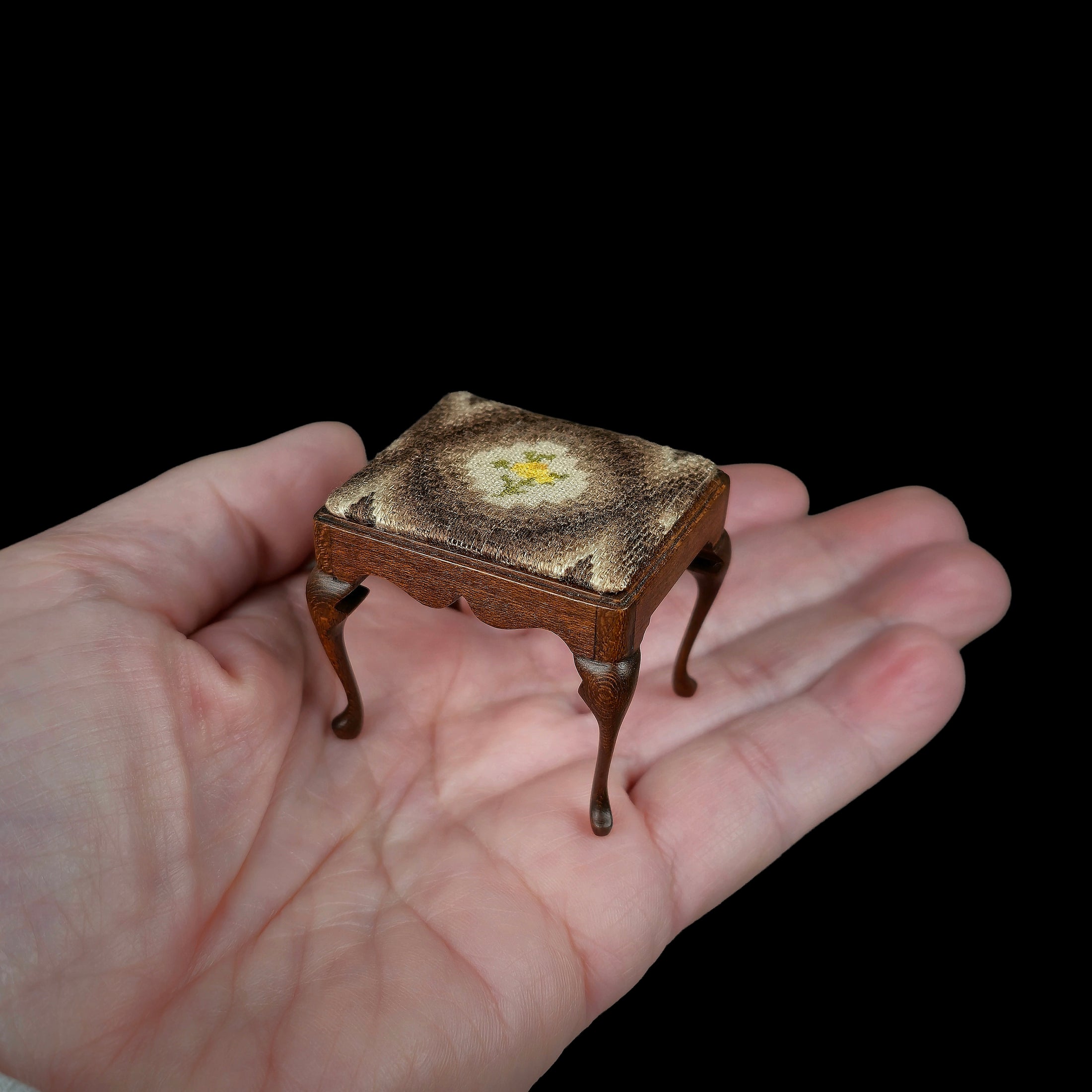 Roger L. Gutheil Queen Anne Embroidered Footstool 1:12 Scale