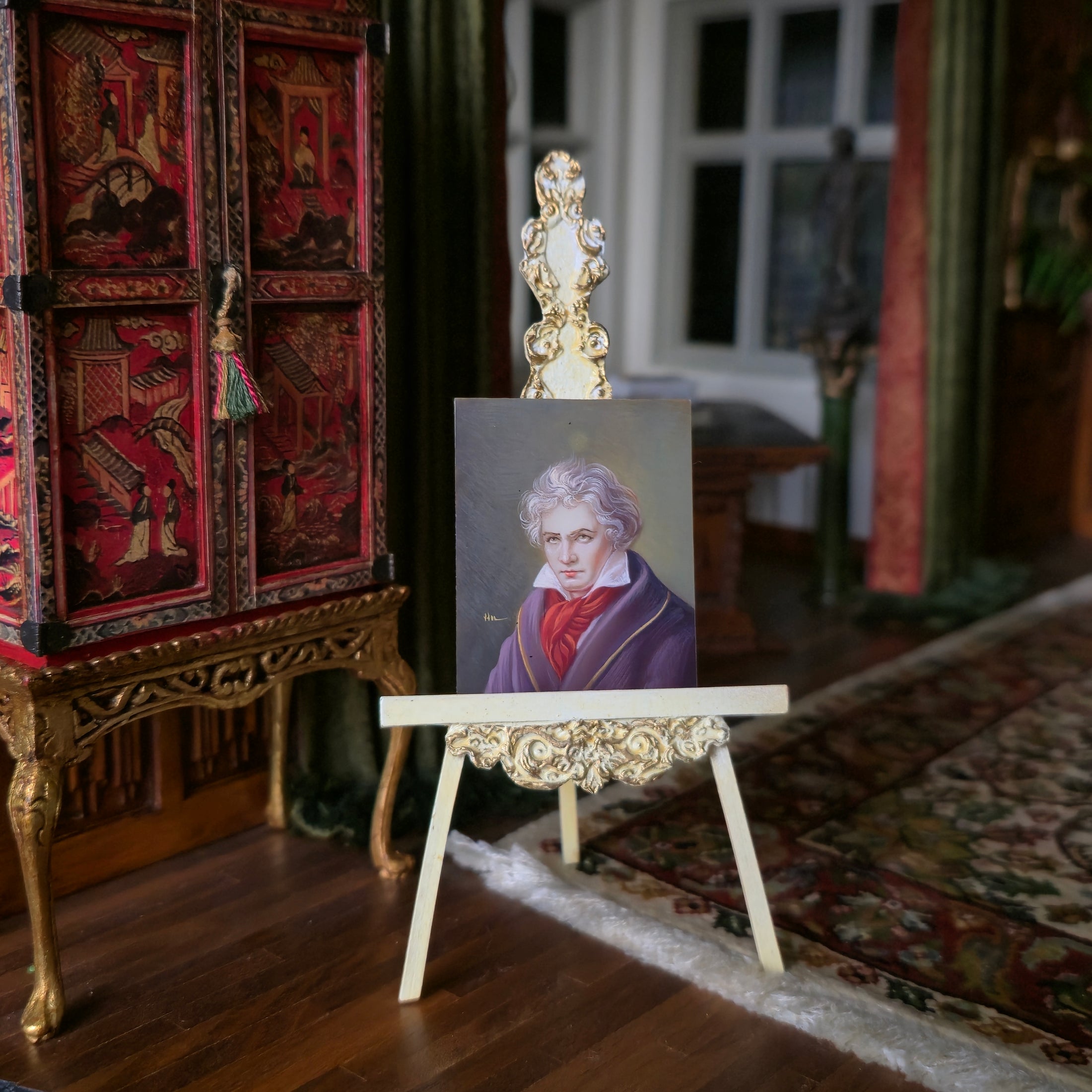 Antique Beethoven Hand Painted Portrait Miniature on Ivory Wafer 1:12 Scale